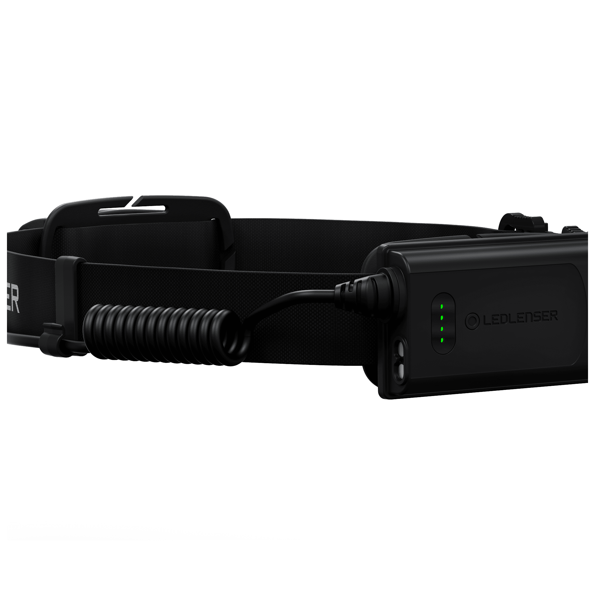 Ledlenser H5R Core Headlamp with black headband and attached charging cable showing side green indicator LEDs