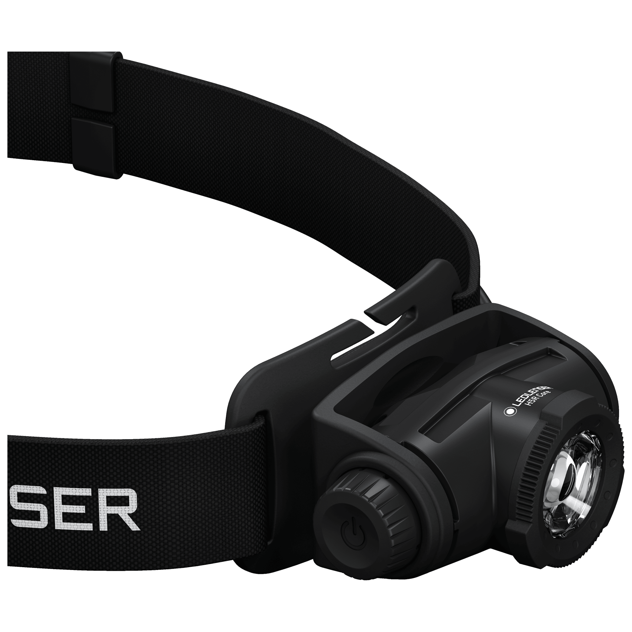 H5R Core Headlamp by Ledlenser with black adjustable headband and compact rechargeable front unit side view