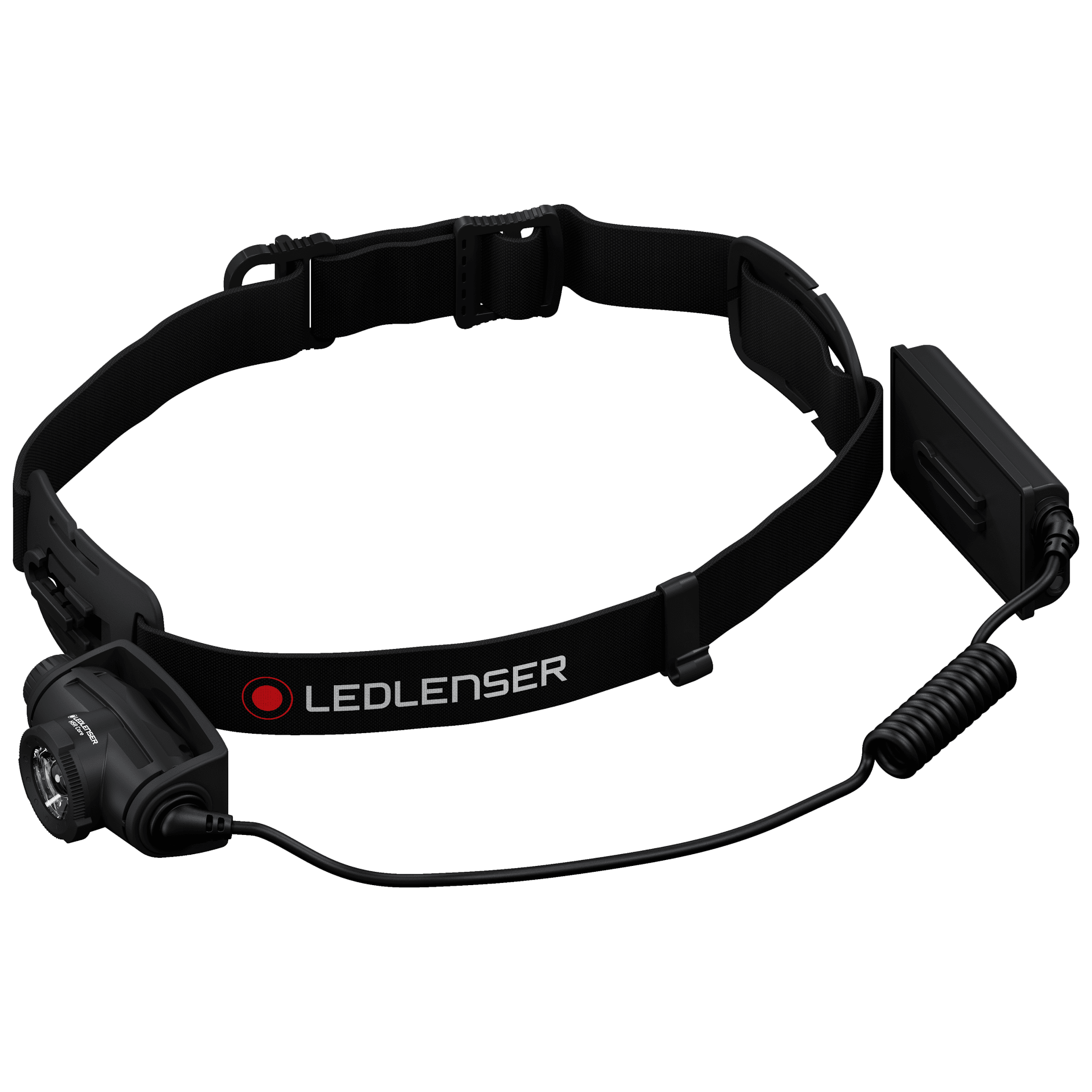 Ledlenser H5R Core Headlamp with black adjustable strap and external rechargeable battery pack shown from side profile