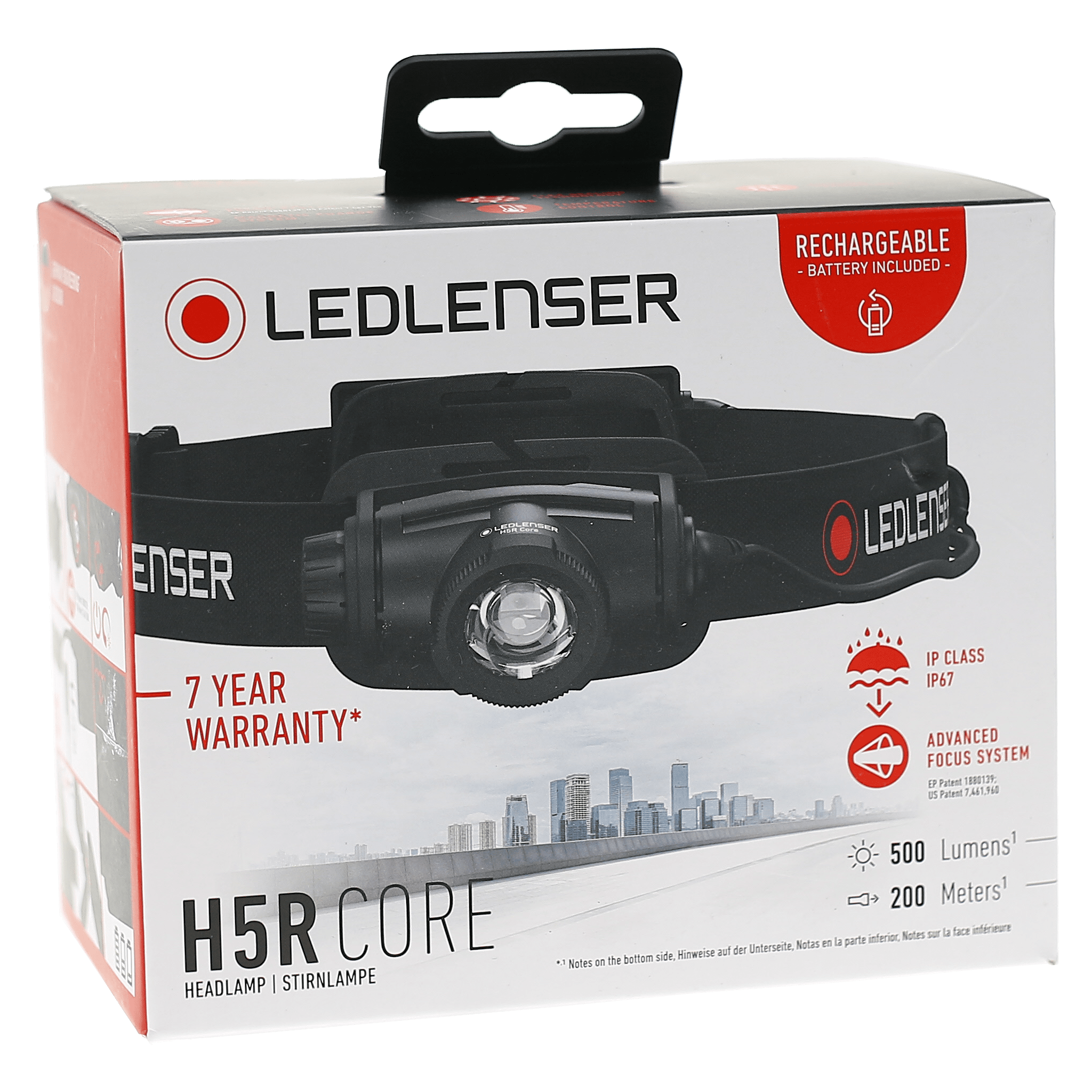 Ledlenser H5R Core Headlamp packaging box featuring the black headlamp with adjustable strap; shows 7 year warranty and IP67 icon