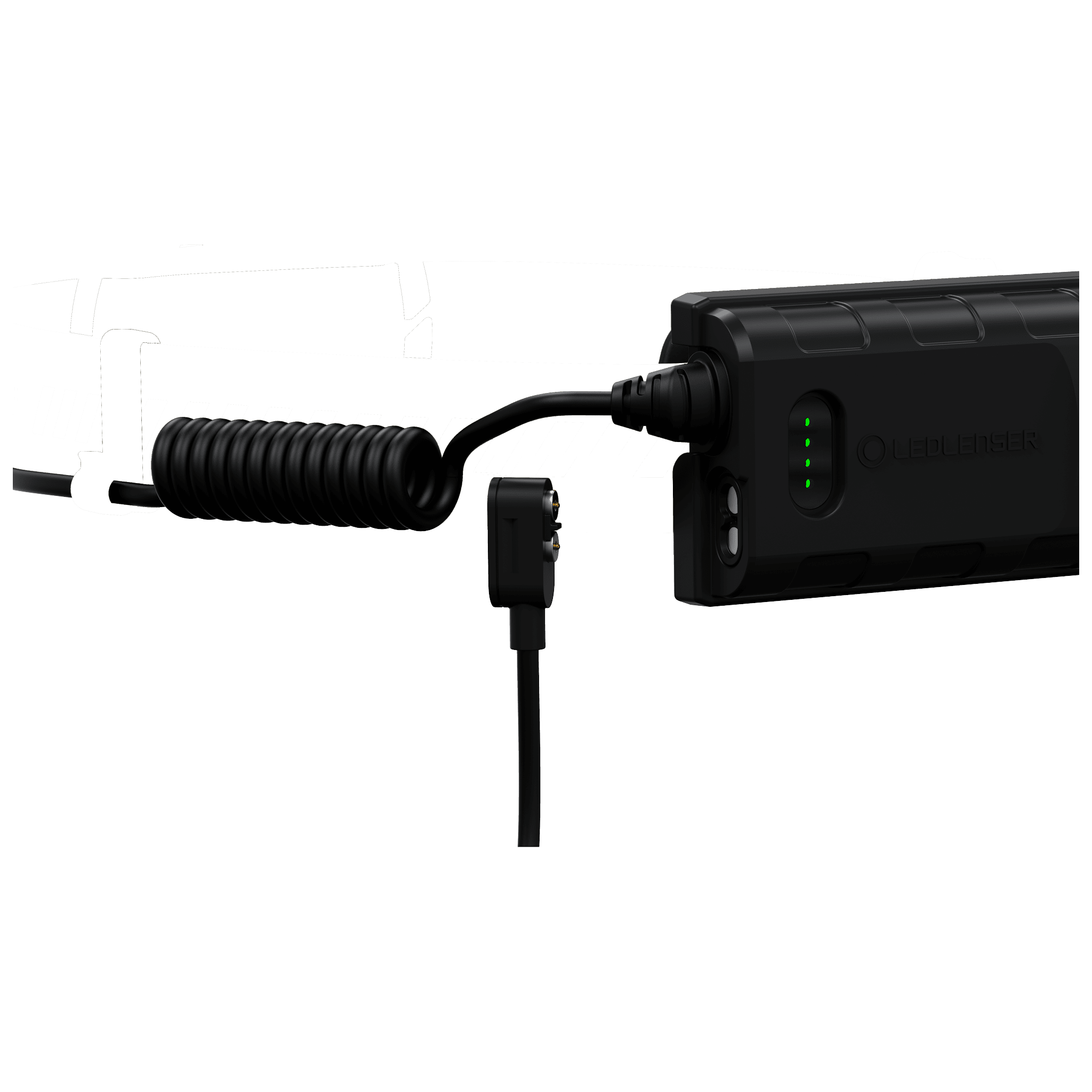 Ledlenser H5R Work Headlamp connected to its battery pack by a coiled charging cable with green indicator lights