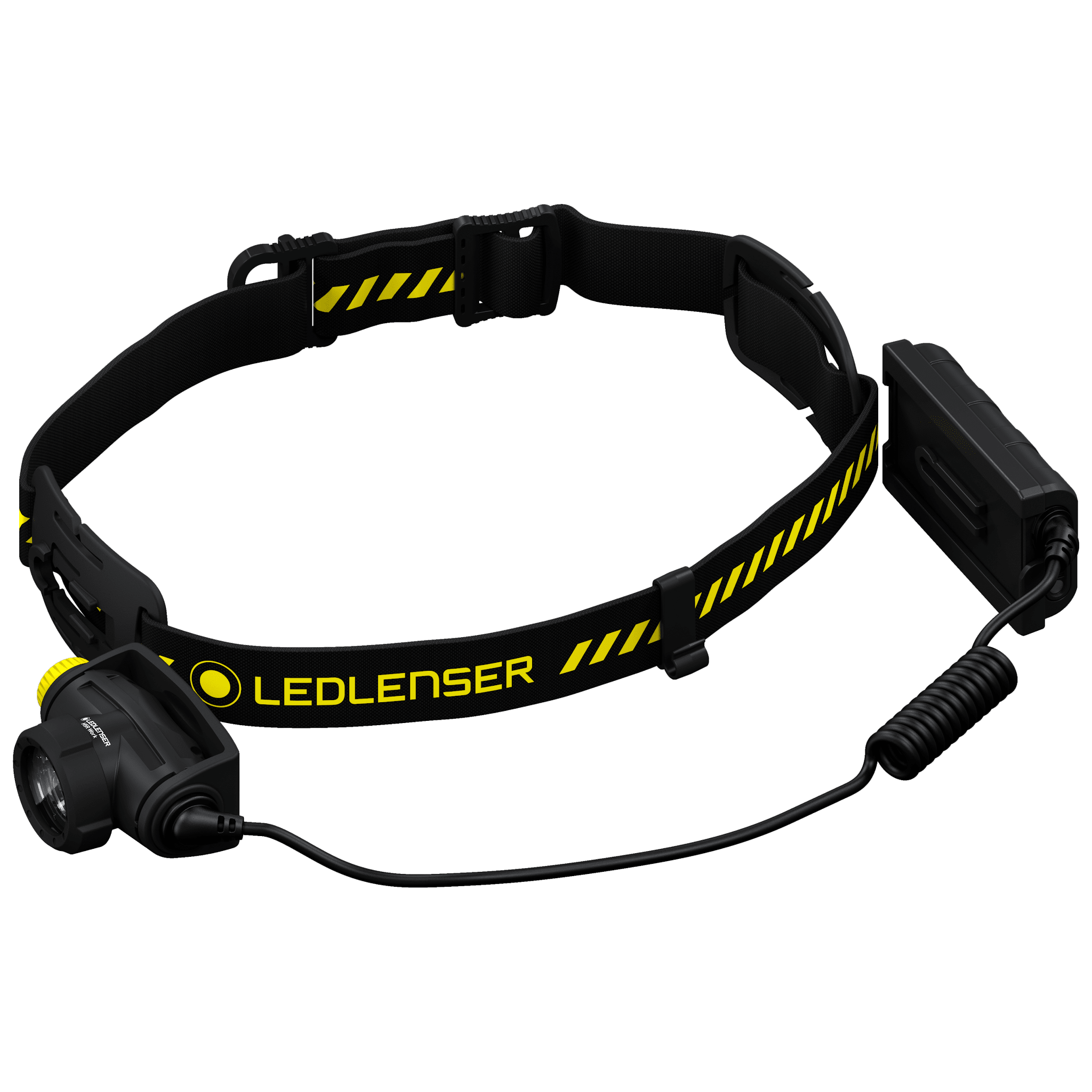 Ledlenser H5R Work Headlamp with adjustable black head strap and yellow branding battery pack on the side connected by a cord