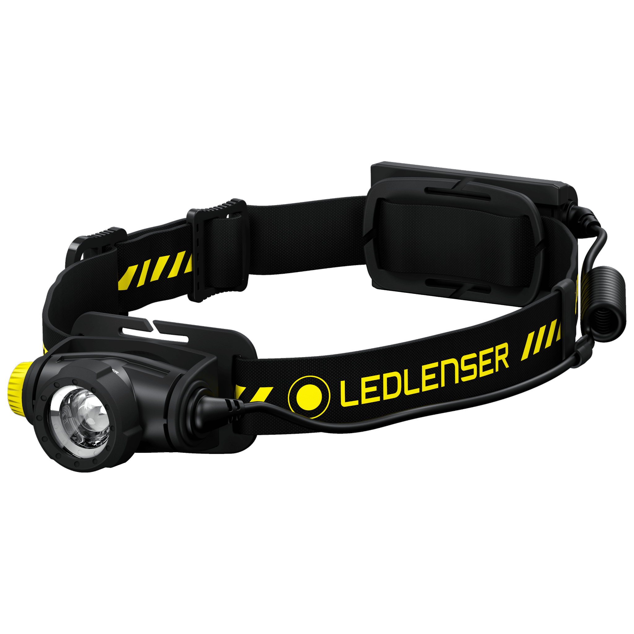 Ledlenser H5R Work Headlamp worn on head with black adjustable strap and yellow branding front LED module visible