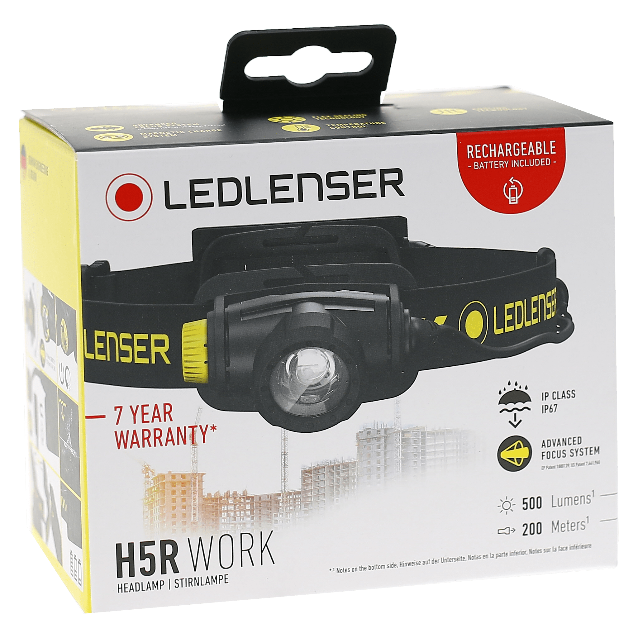 Ledlenser H5R Work Headlamp packaging box showing a black headlamp with a yellow strap and product image
