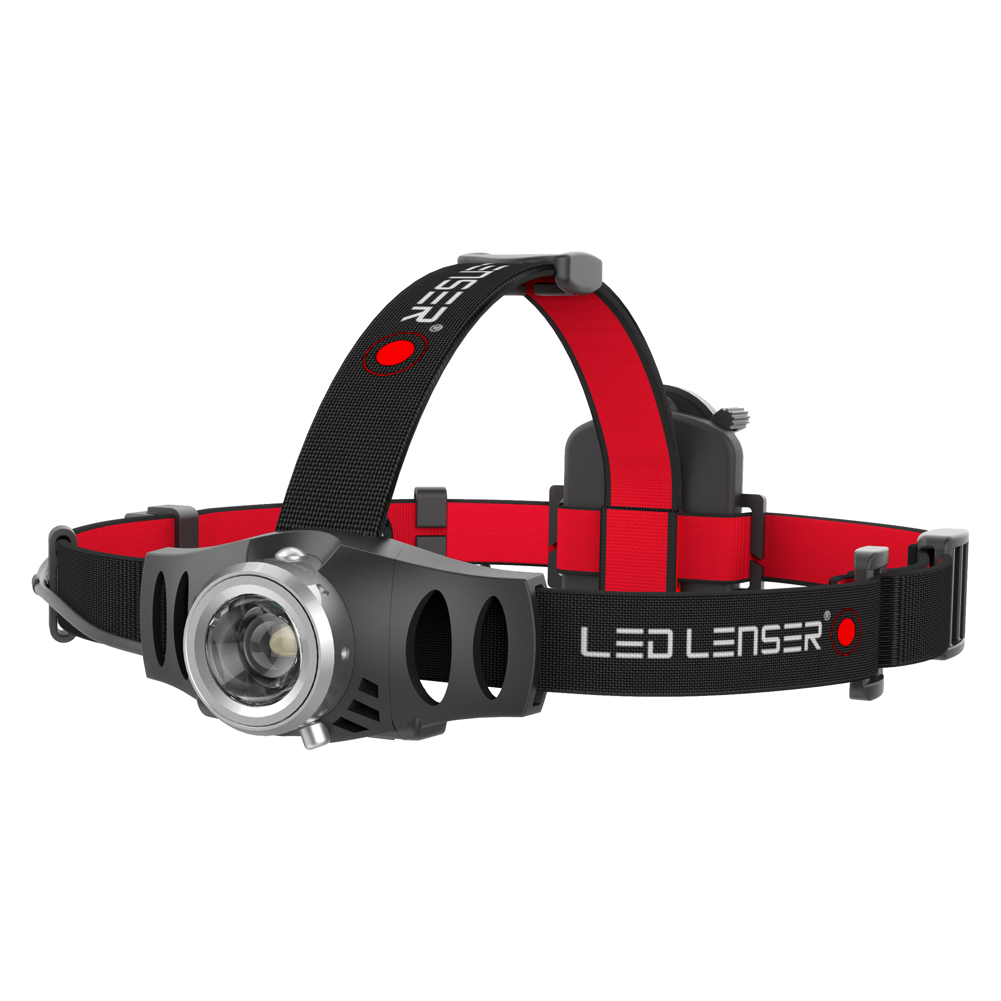 Ledlenser H6R Headlamp mounted on a black and red head strap with front light housing and adjustable headband