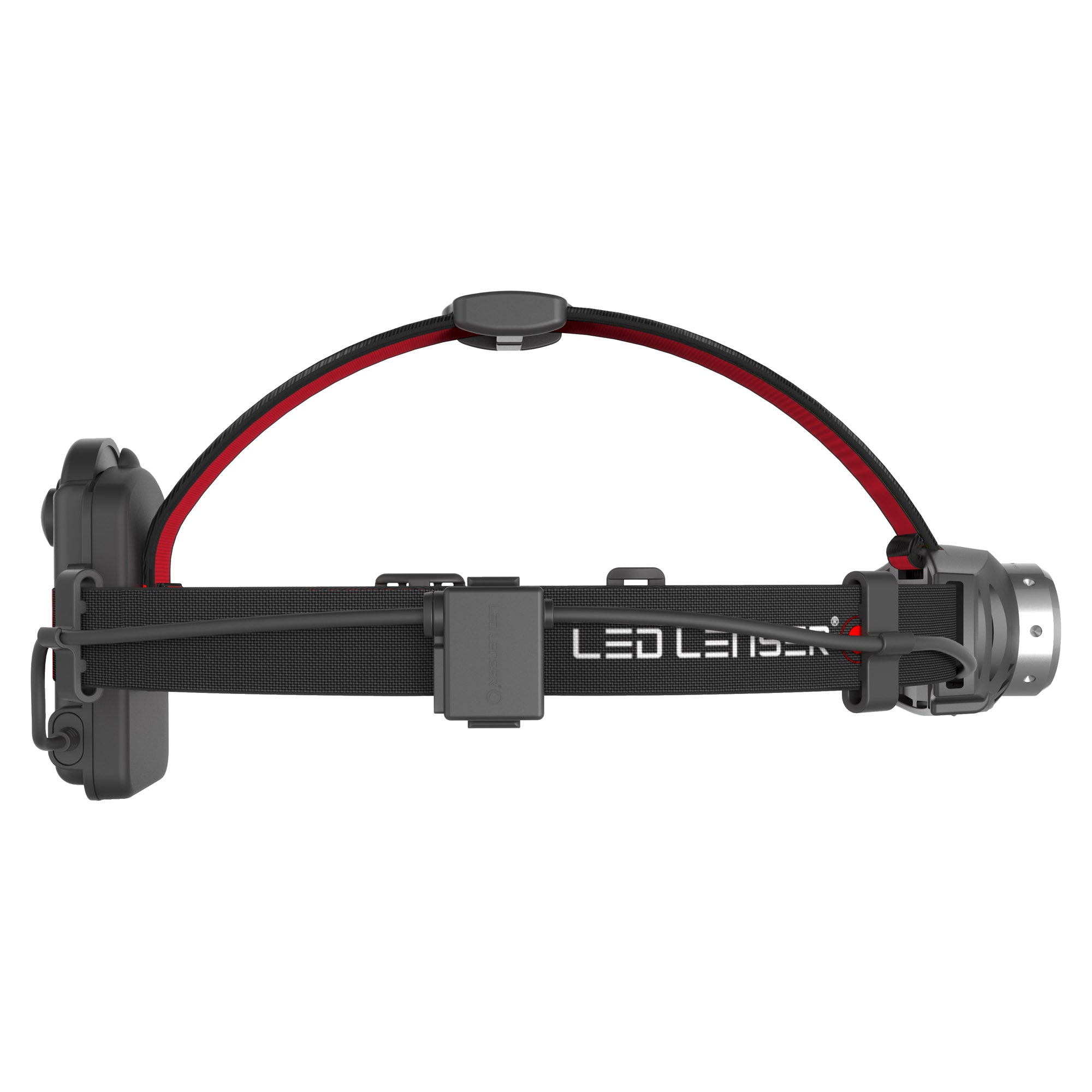 Ledlenser H6 Battery Operated Headlamp on a black headband with red interior and side battery housing visible