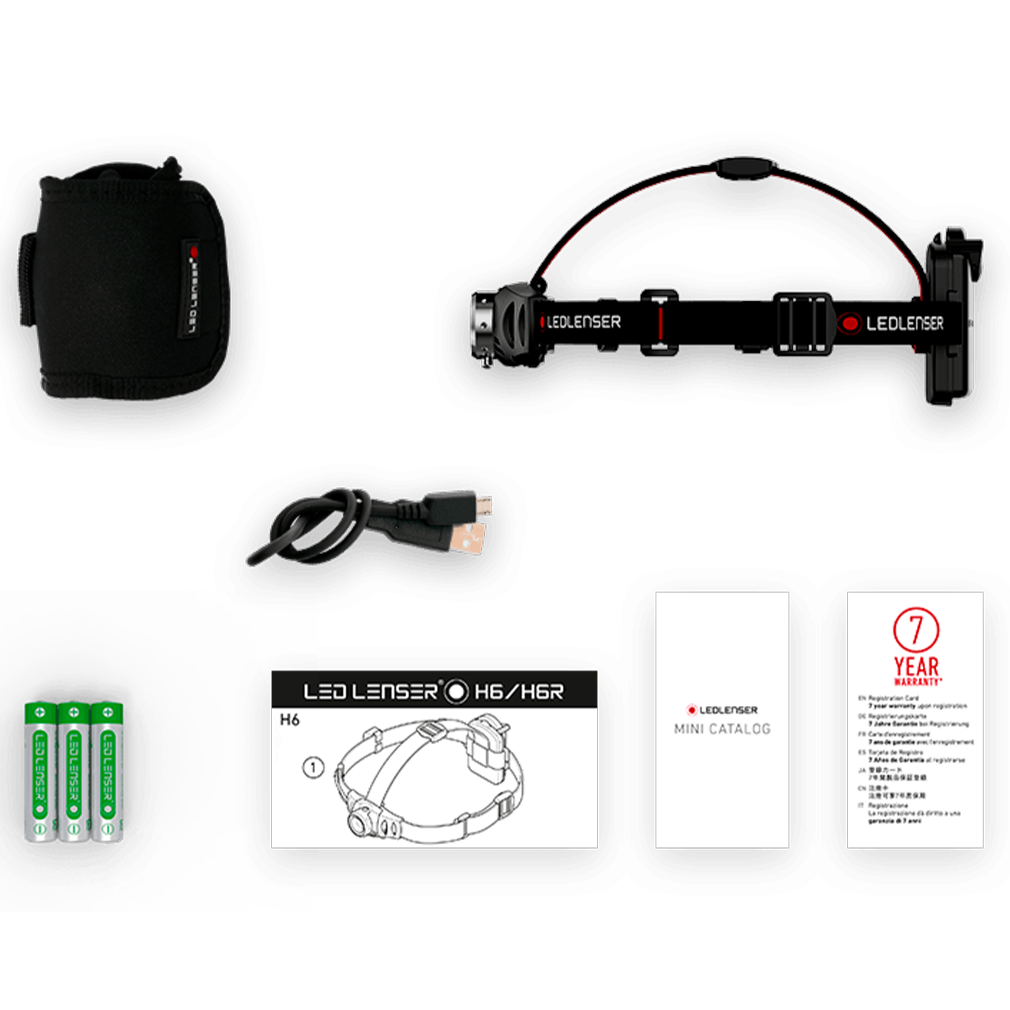 Ledlenser H6R Headlamp kit showing rechargeable headlamp with USB cable head strap battery pack belt pouch and manuals