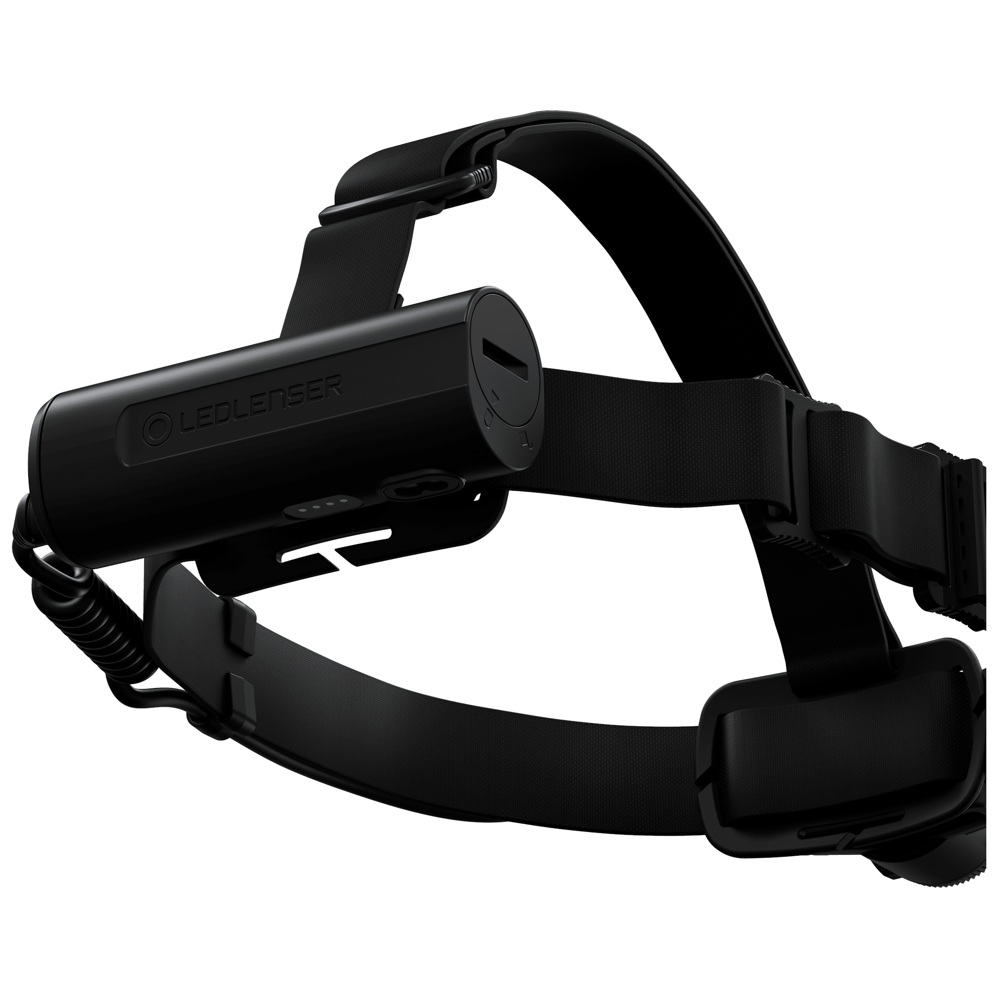 Ledlenser H7R Core Headlamp with rechargeable battery pack mounted on black headband and adjustable strap