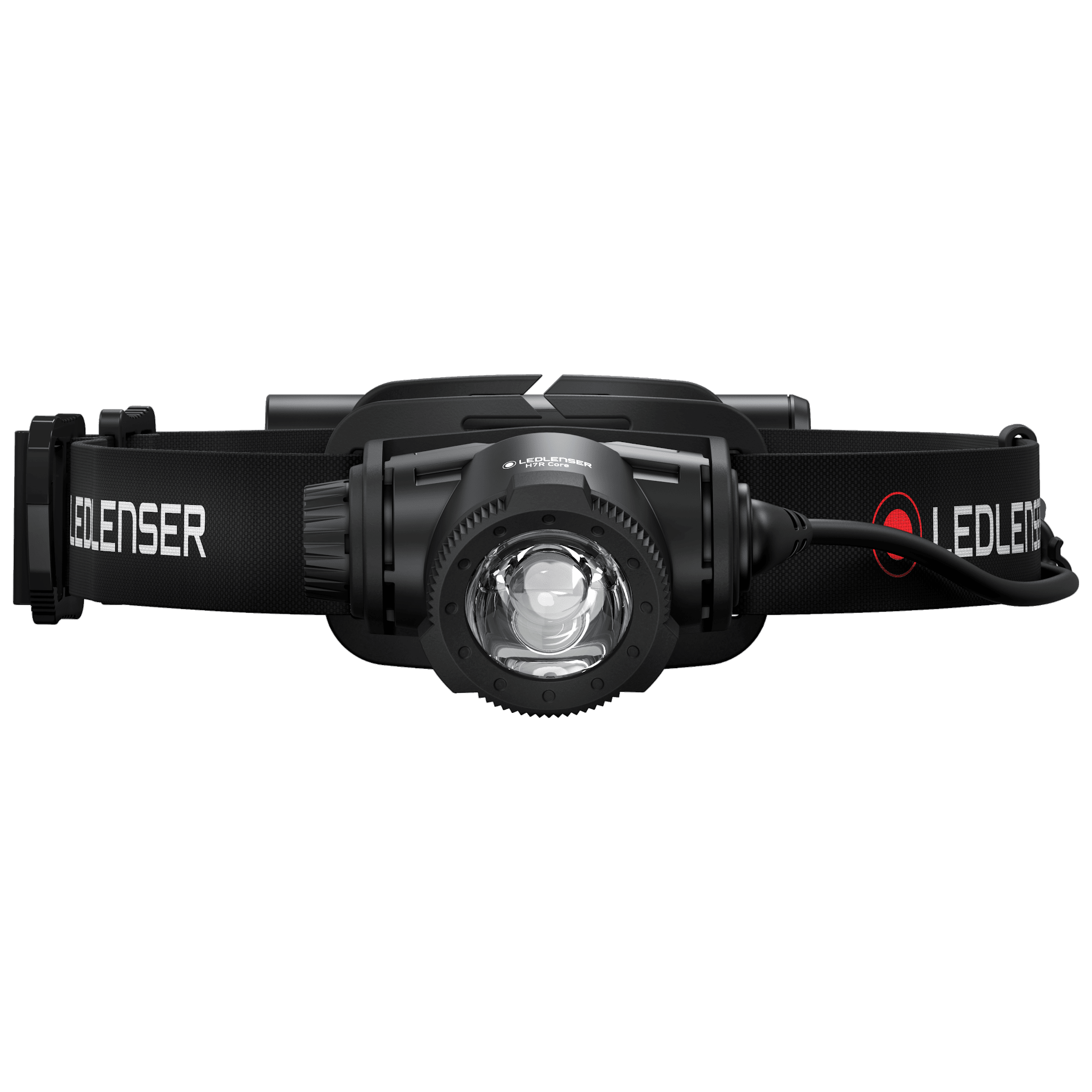 Ledlenser H7R Core headlamp with black adjustable headband and central lens side view showing branding on strap