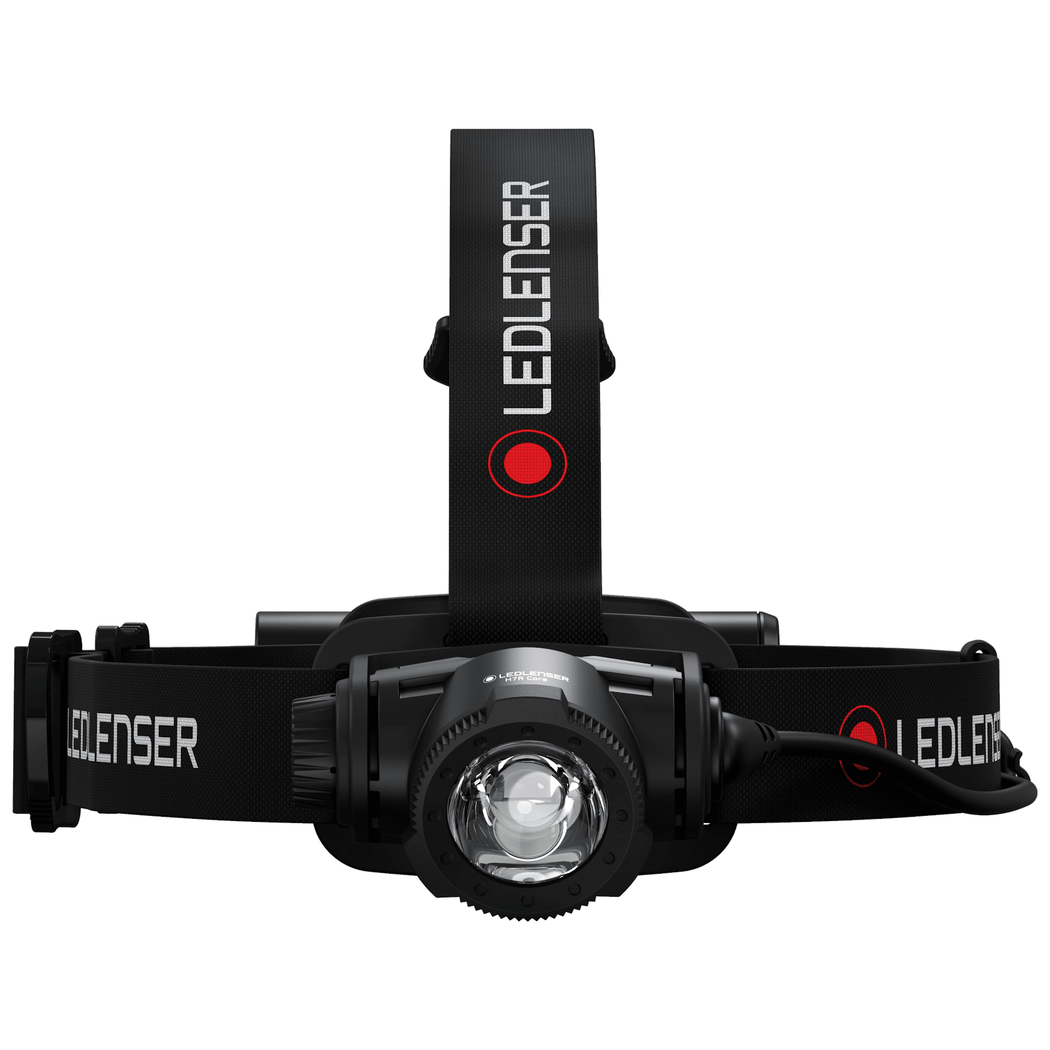 Ledlenser H7R Core Headlamp shown from front with black adjustable headband and front LED module
