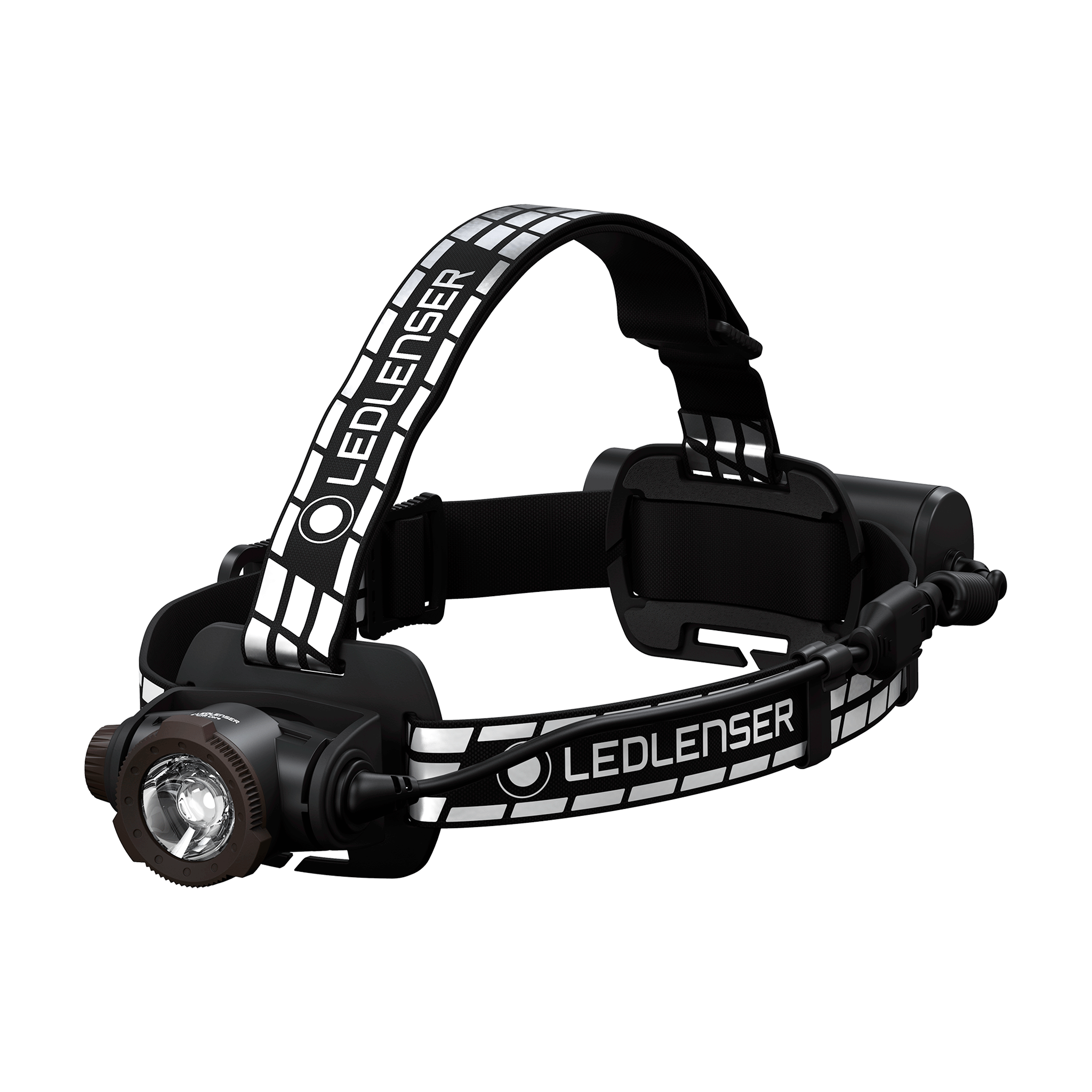 Ledlenser H7R Signature headlamp with adjustable headband and back battery pack black with white branding