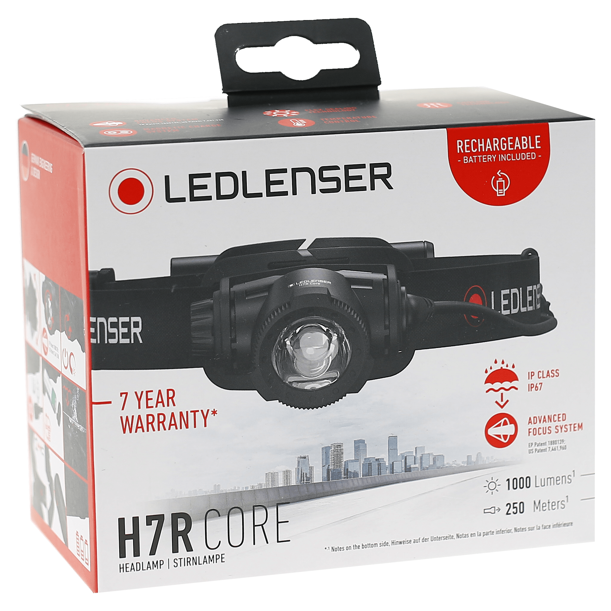 H7R Core Headlamp packaging showing a black headlamp on a white box with Ledlenser branding
