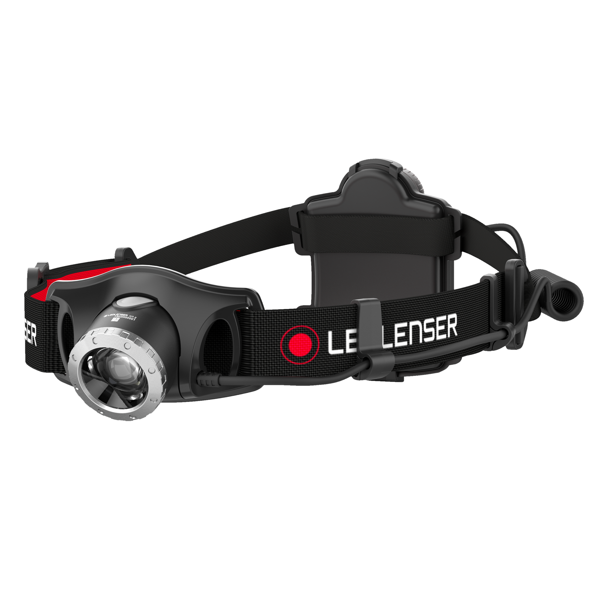 Ledlenser H7 2 Headlamp with adjustable head strap and mounted battery pack black with red accents