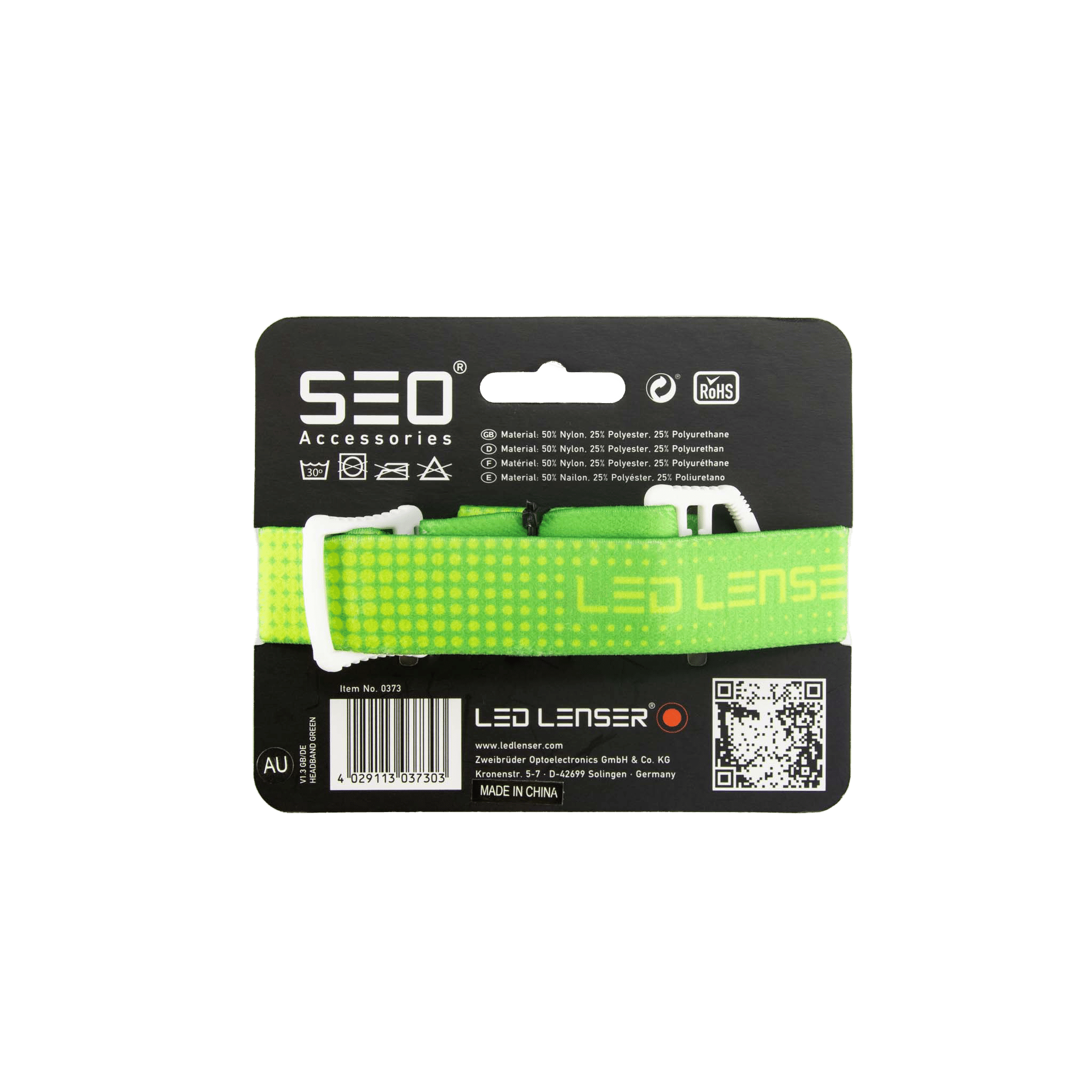 SEO Headband on packaging card showing neon green adjustable head strap with white buckle and Ledlenser branding