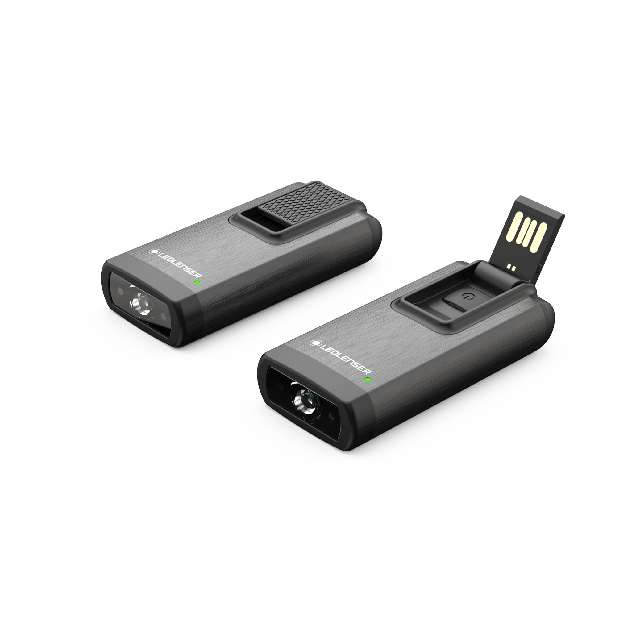 Ledlenser K6R 4GB Keychain Light showing two compact brushed gray keychain lights with a USB drive front lens and the connector extended on one unit