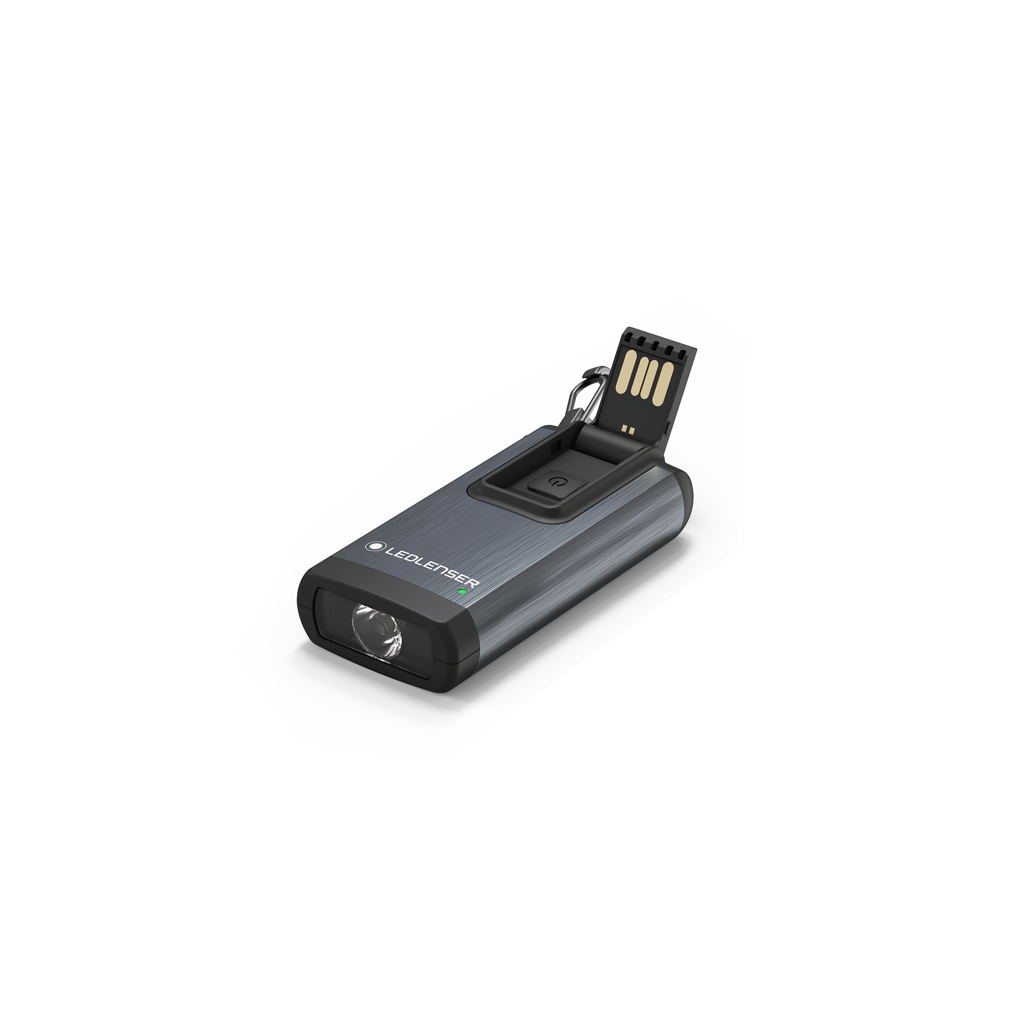 Ledlenser K6R Keychain Light showing USB charging module and attached key ring compact grey aluminum body with front lens