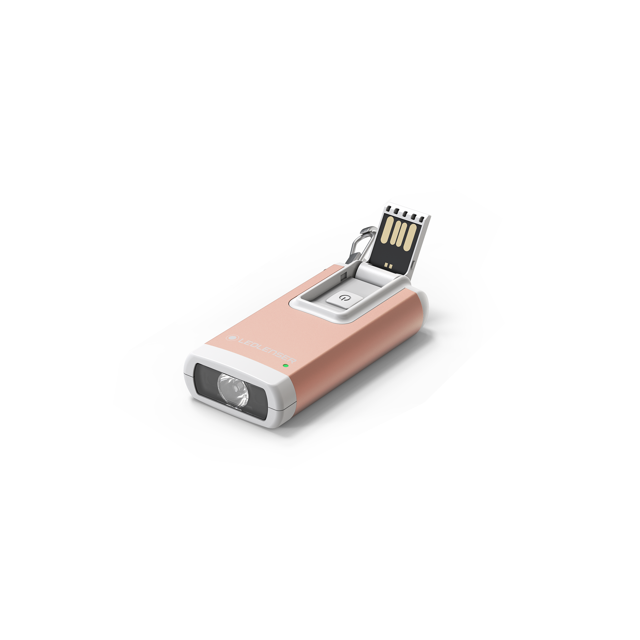 Ledlenser K6R Keychain Light pink body with white ends USB rechargeable pocket torch shown with key ring attachment