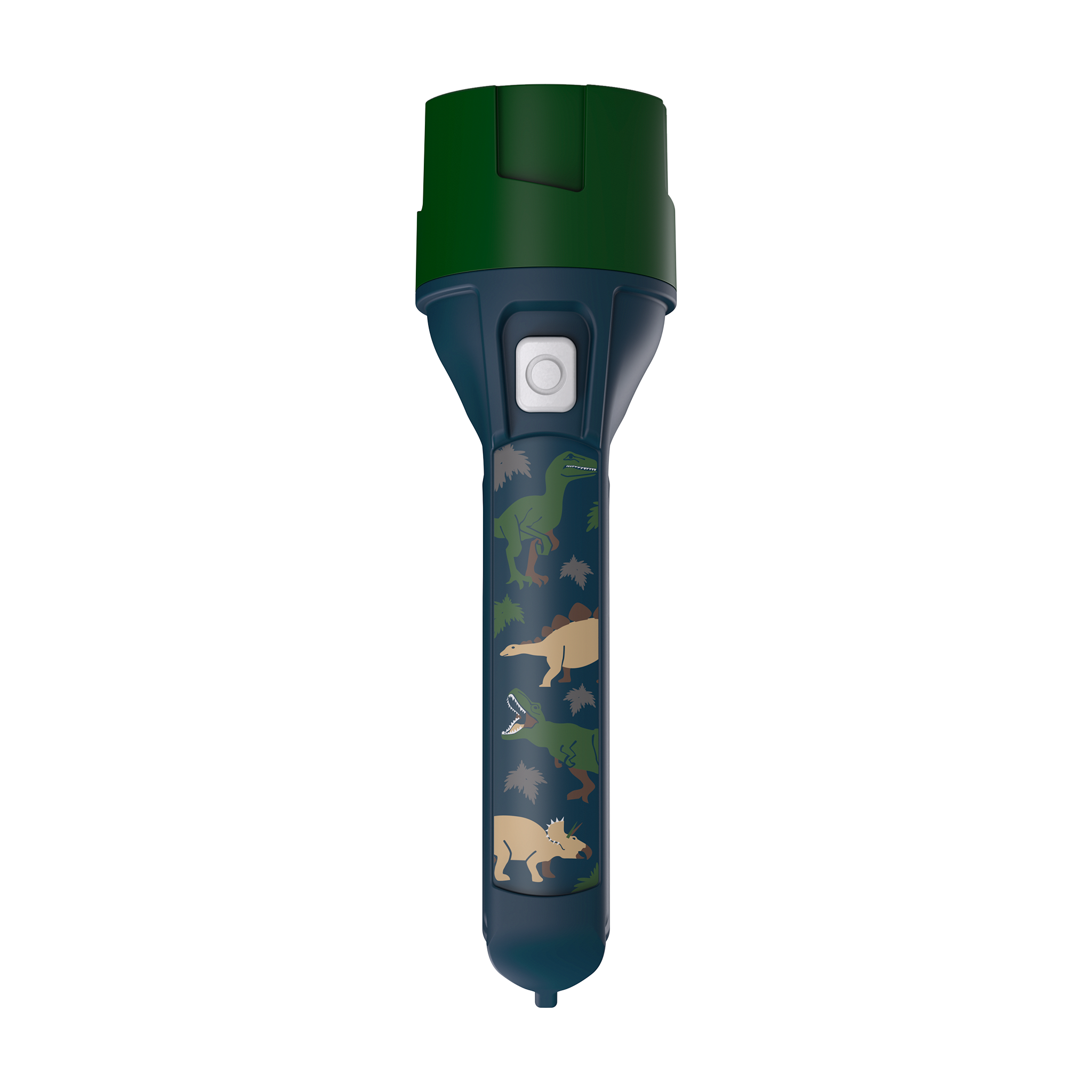 Kidbeam4 Torch blue handle with dinosaur pattern and green cap front view showing silver power button
