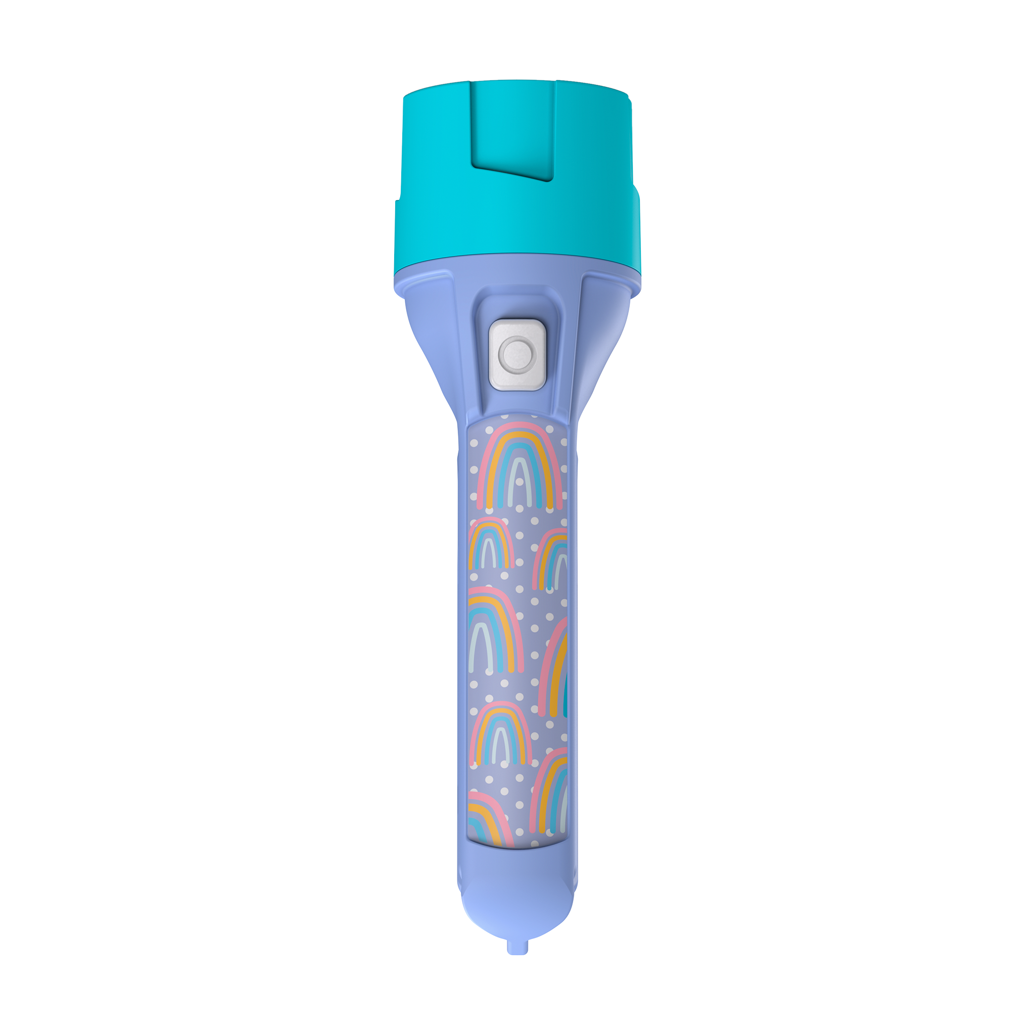 Kidbeam4 Torch blue handle with rainbow pattern and turquoise head front view showing power button