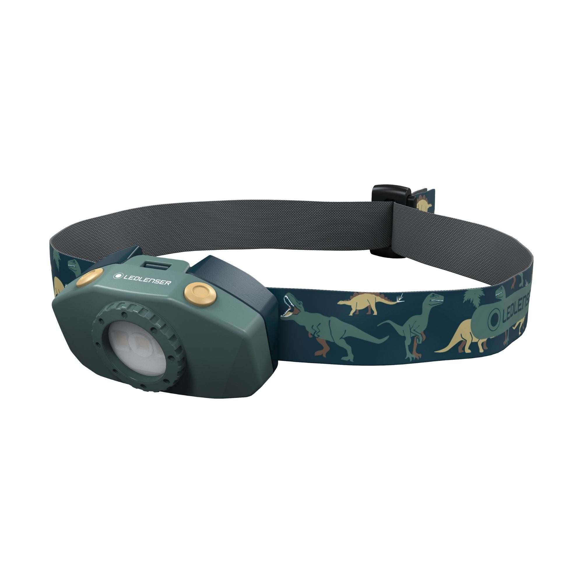Kidled2 Headlamp from Ledlenser featuring green body dinosaur pattern adjustable headstrap and front LED module