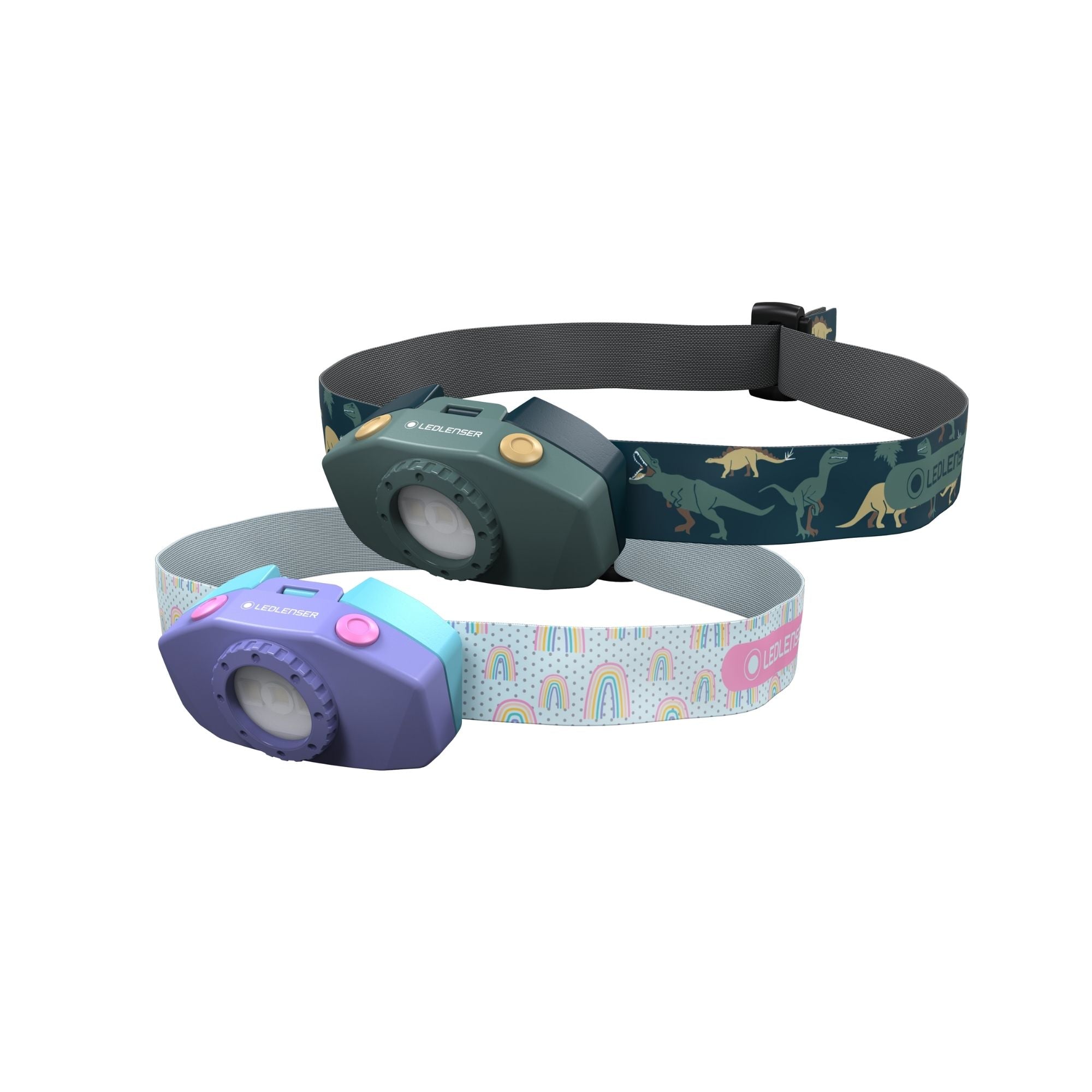 Ledlenser Kidled2 battery powered children's headlamp with adjustable strap; purple blue rainbow design
