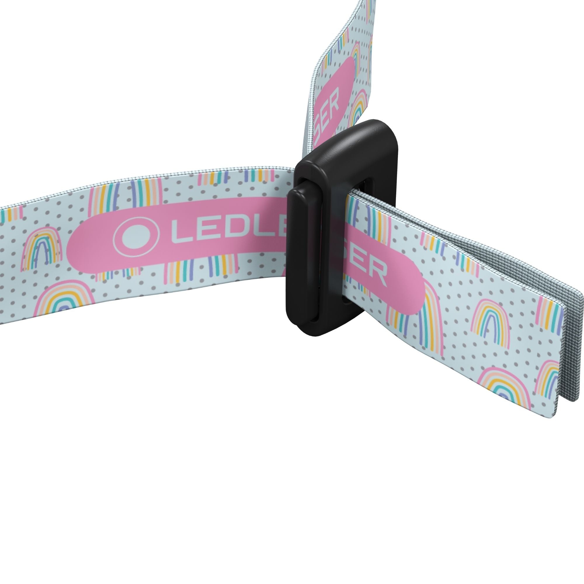 Kidled2 Headlamp strap with a colorful Ledlenser pattern and a black central clip
