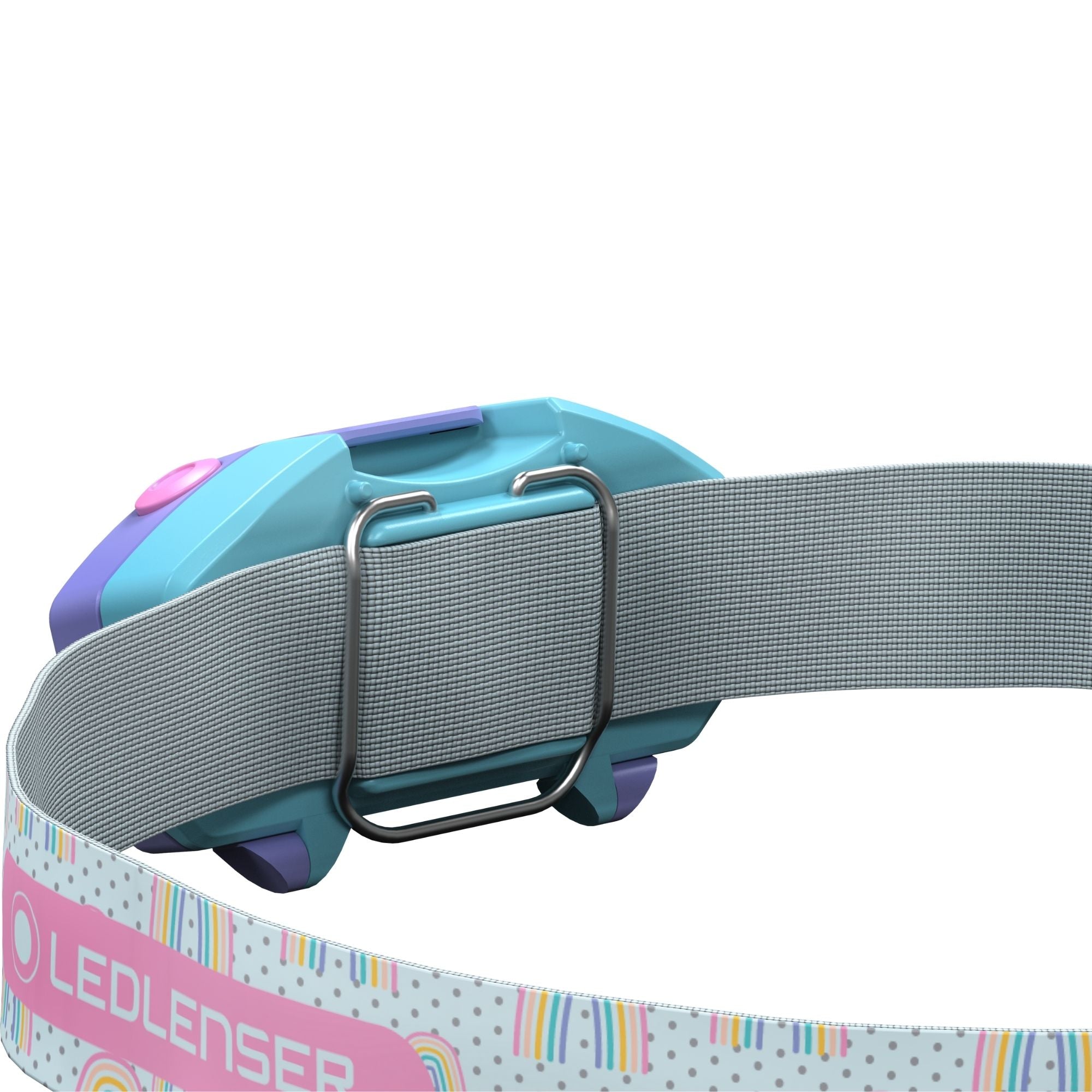Kidled2 Headlamp mounted on a colorful adjustable headband with teal body and pink button side view