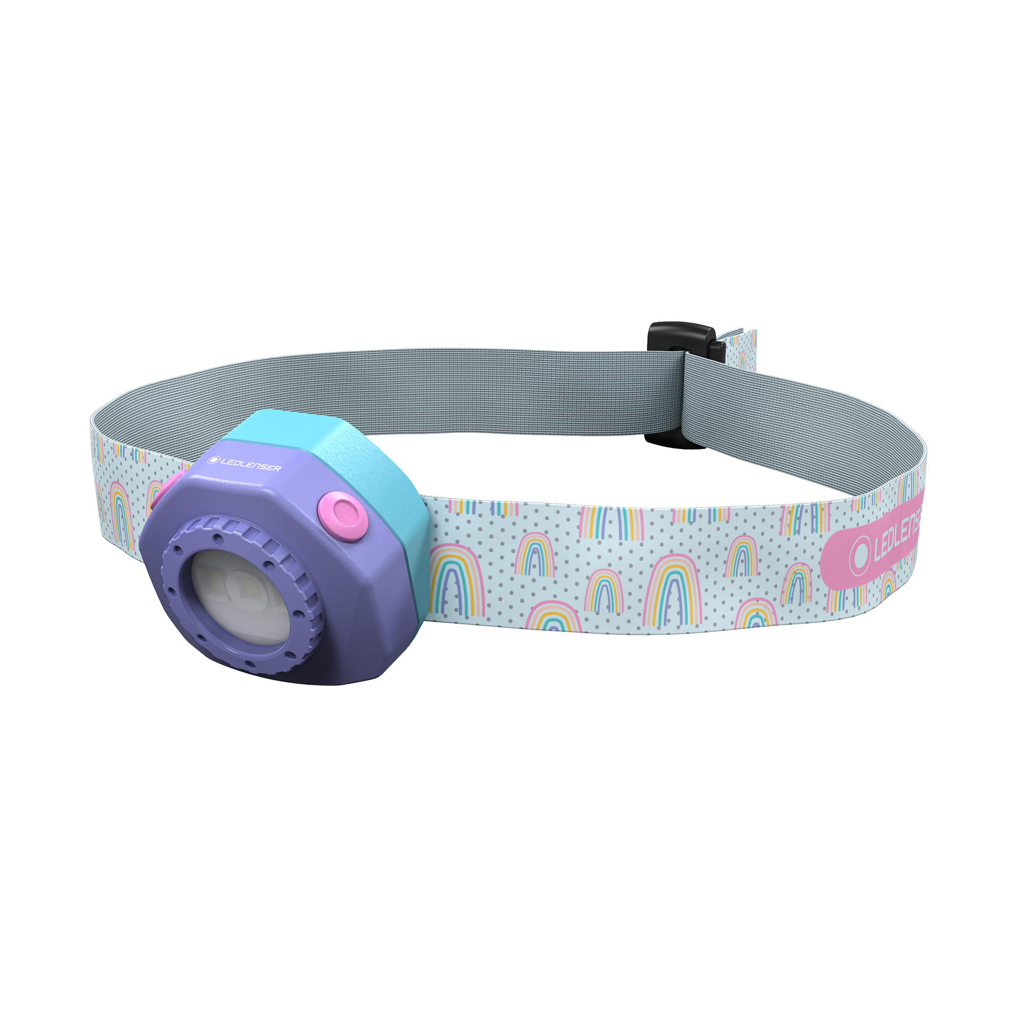 Kidled4R Headlamp by Ledlenser with purple front housing and pastel rainbow strap worn on head