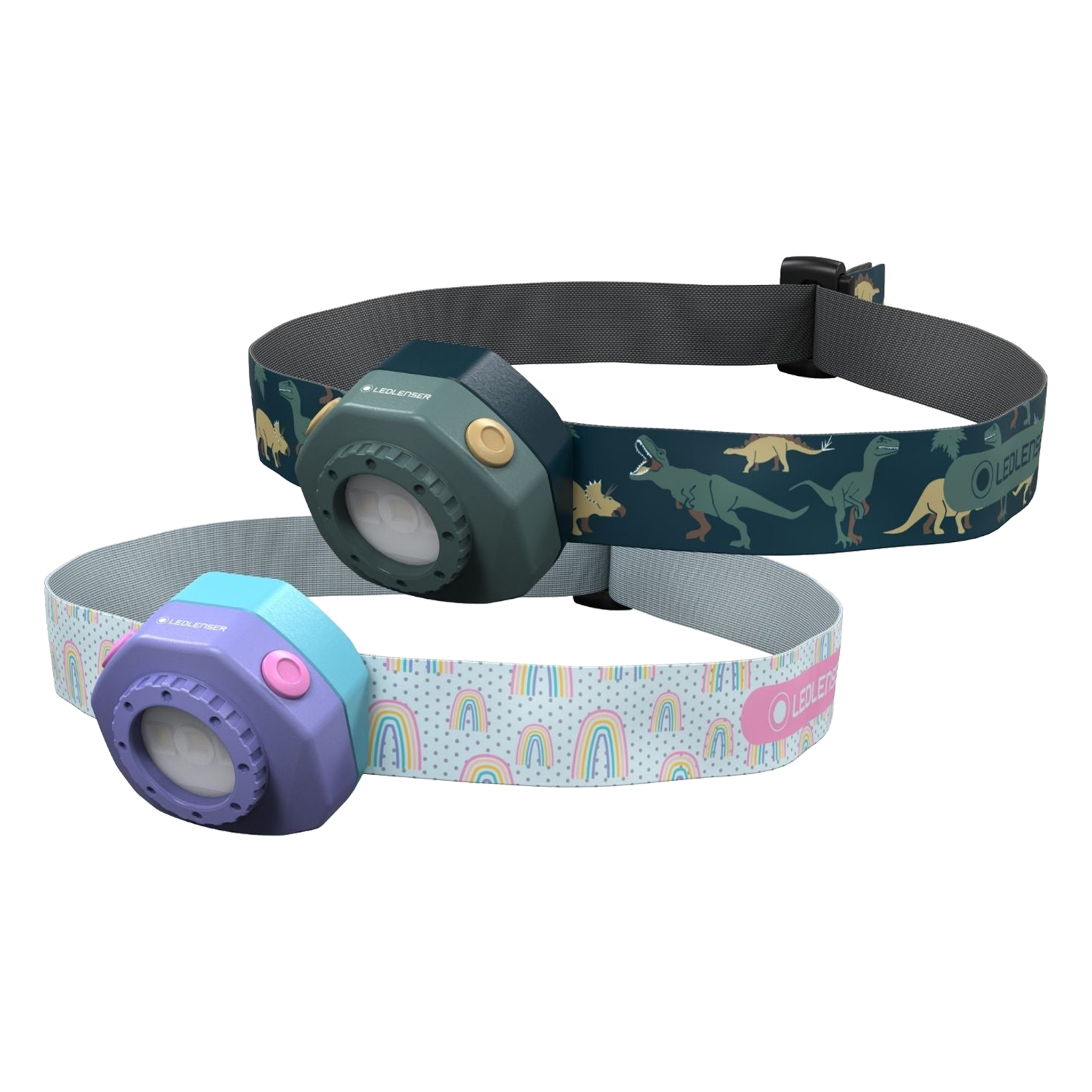 Kidled4R Headlamp by Ledlenser showing two color variants with adjustable headbands dark green dinosaur pattern strap and purple with rainbow pattern headband