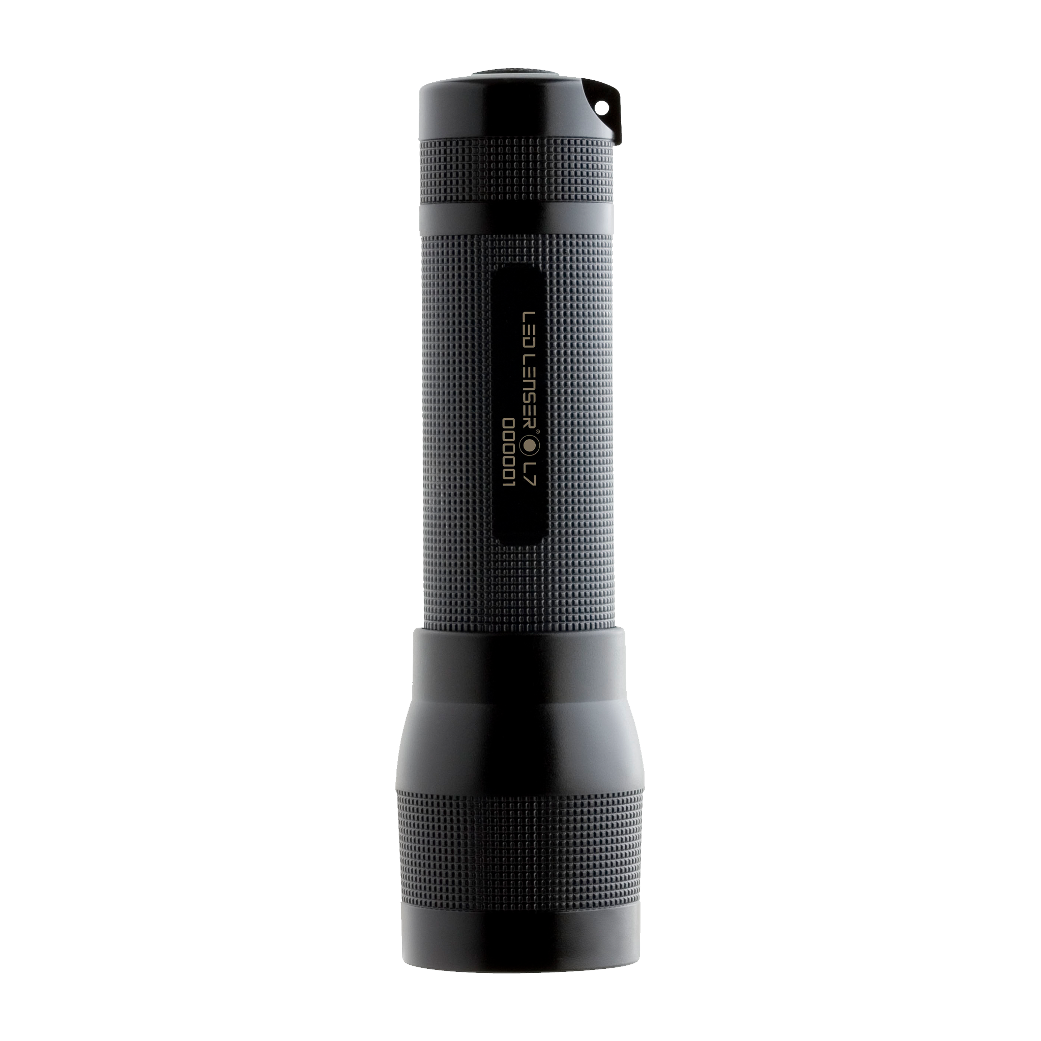 Ledlenser L7 Black Torch vertical view showing textured black body with compact head and side label