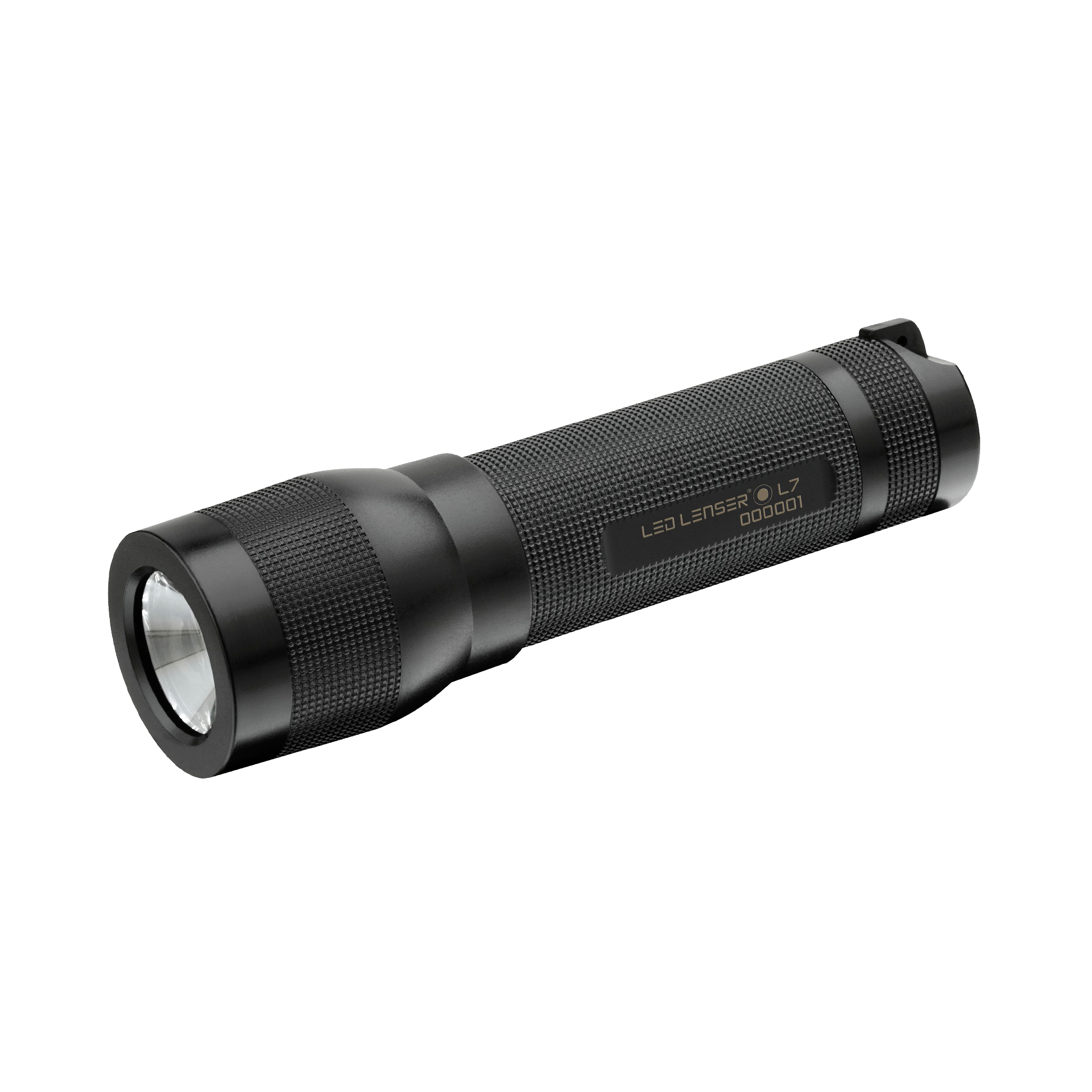 Ledlenser L7 Black Torch compact black handheld flashlight with textured grip and front lens shown at a slight angle