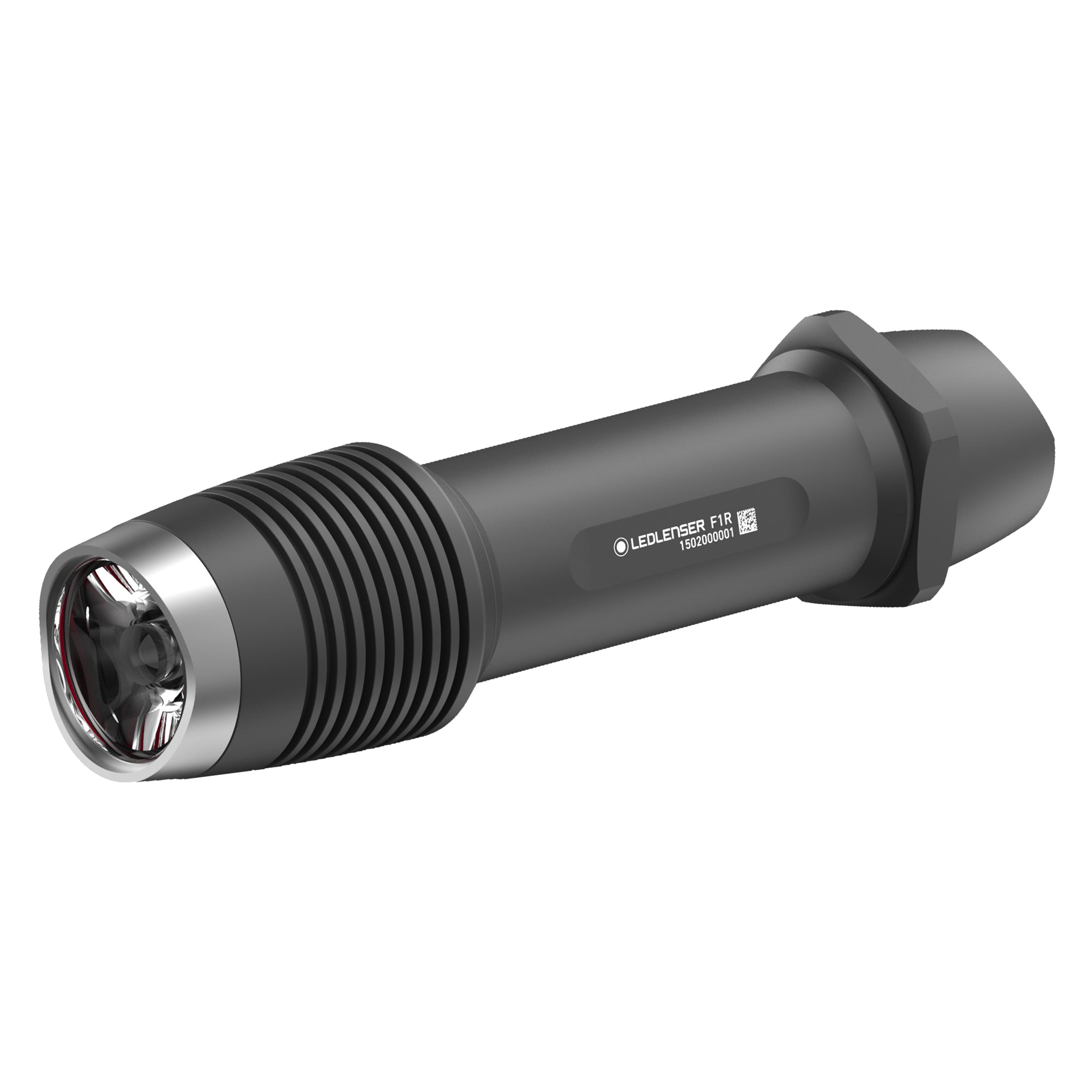 Ledlenser F1R Torch compact rechargeable flashlight with textured grip and end cap shown in angled side view