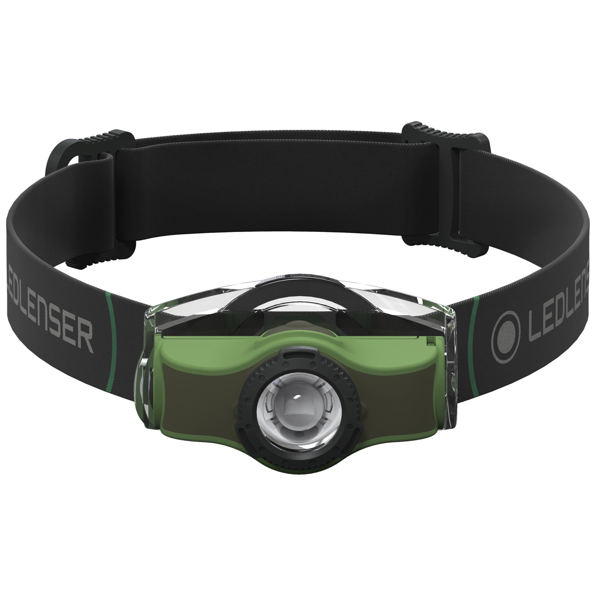 Ledlenser MH4 Green headlamp with green front bezel and adjustable black headband shown front on