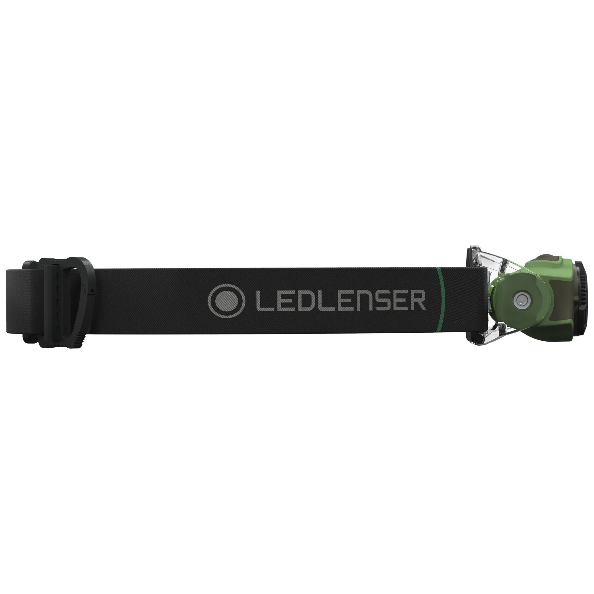 Ledlenser MH4 Green headlamp with black adjustable headband and green front housing side switch visible worn on head
