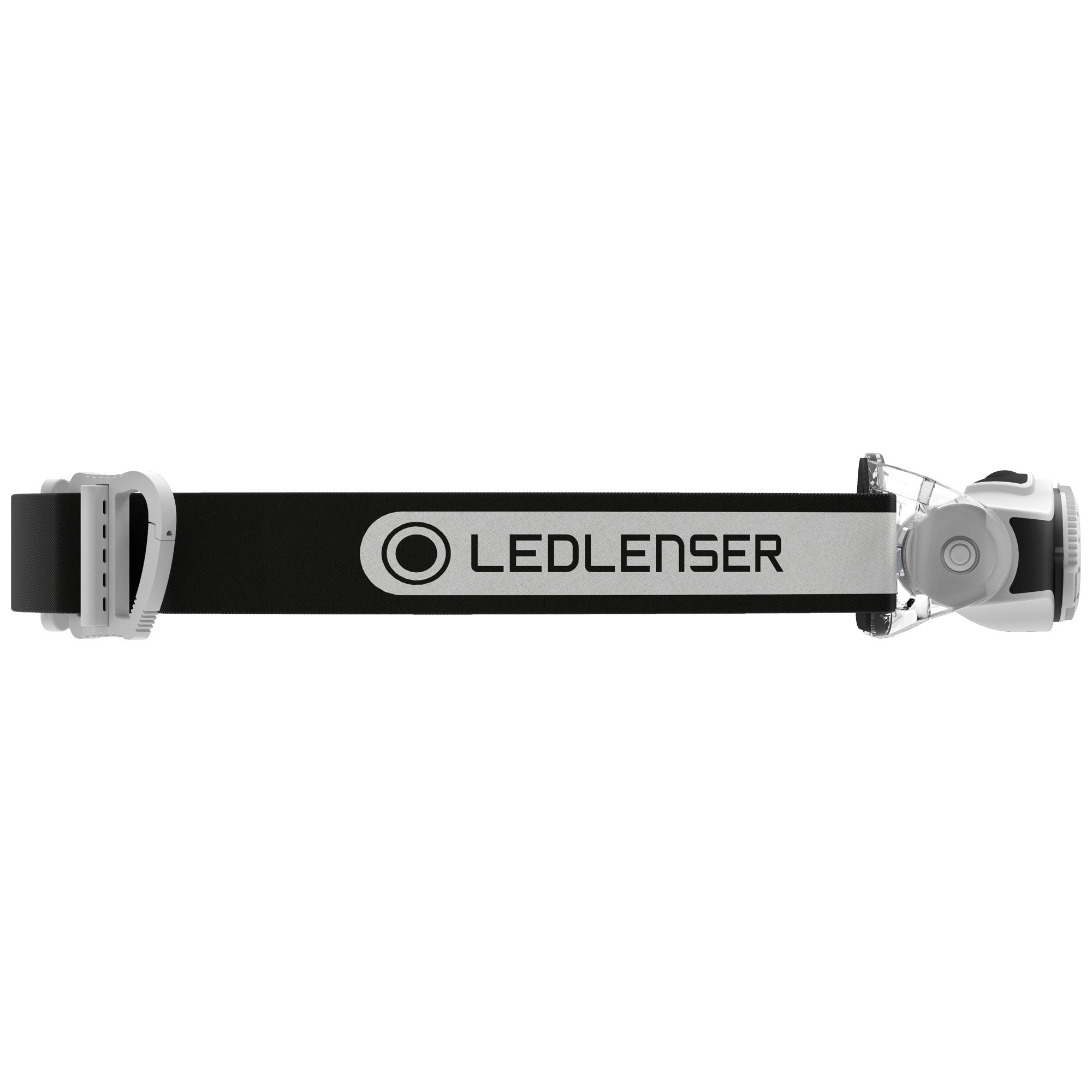 MH5 Black Rechargeable Headlamp on a black elastic headband with Ledlenser logo and adjustable mount