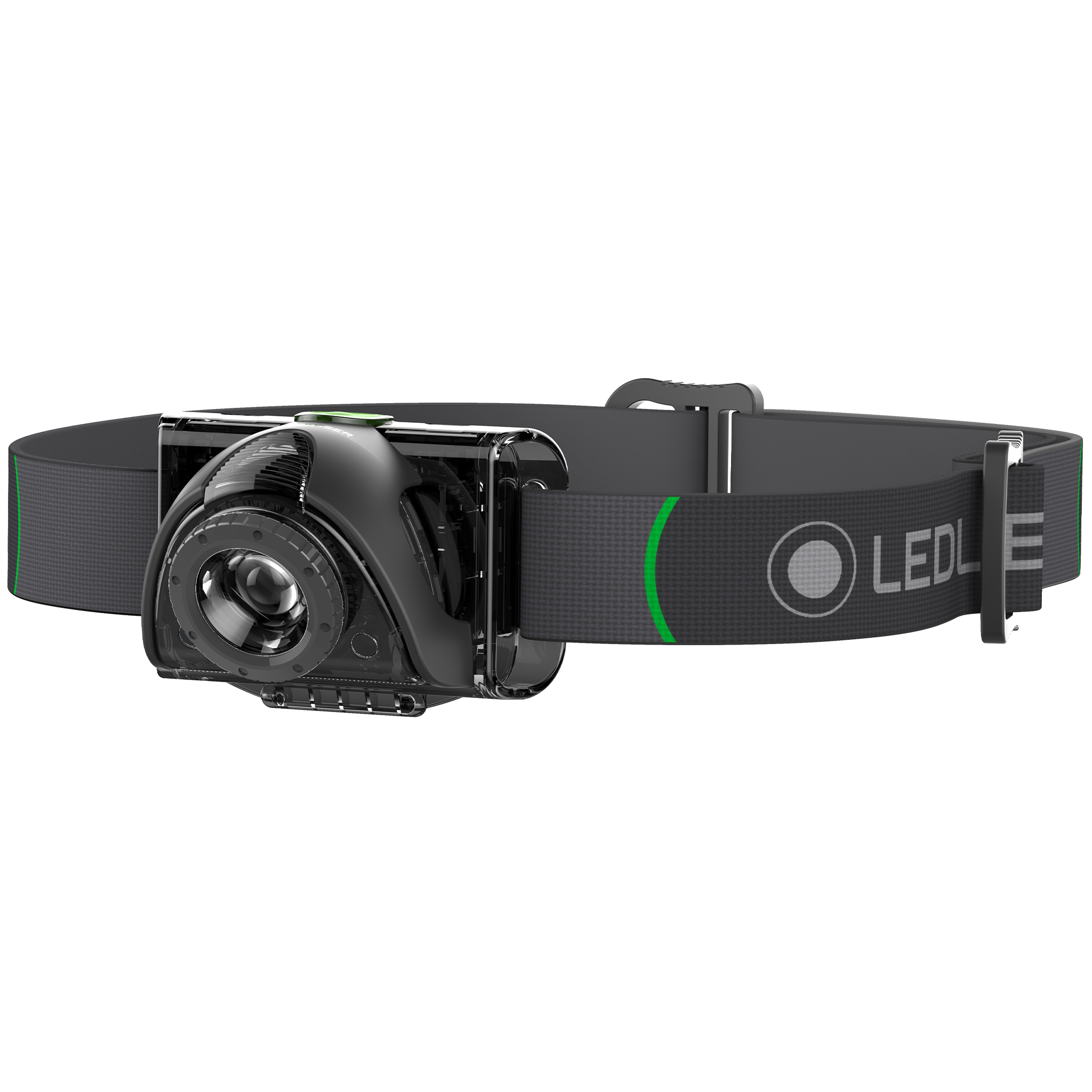 Ledlenser MH6 Headlamp with adjustable headband black and gray finish worn on head in side view