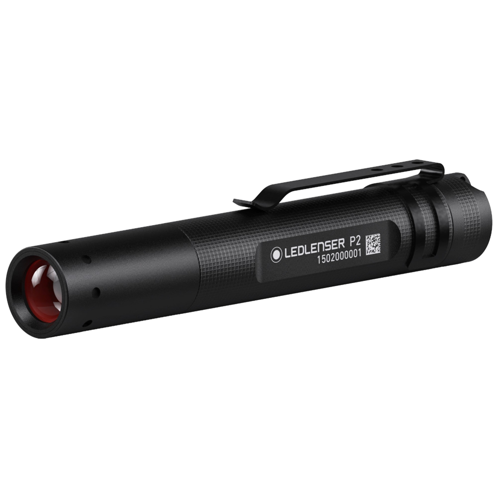 Ledlenser P2 Battery Operated Torch compact black torch with red lens side label and pocket clip viewed from the side