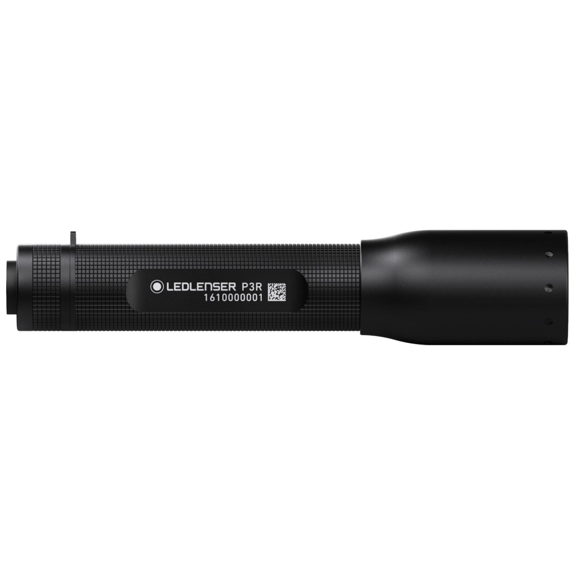Ledlenser P3R rechargeable torch in side profile black knurled body with label and serial number visible