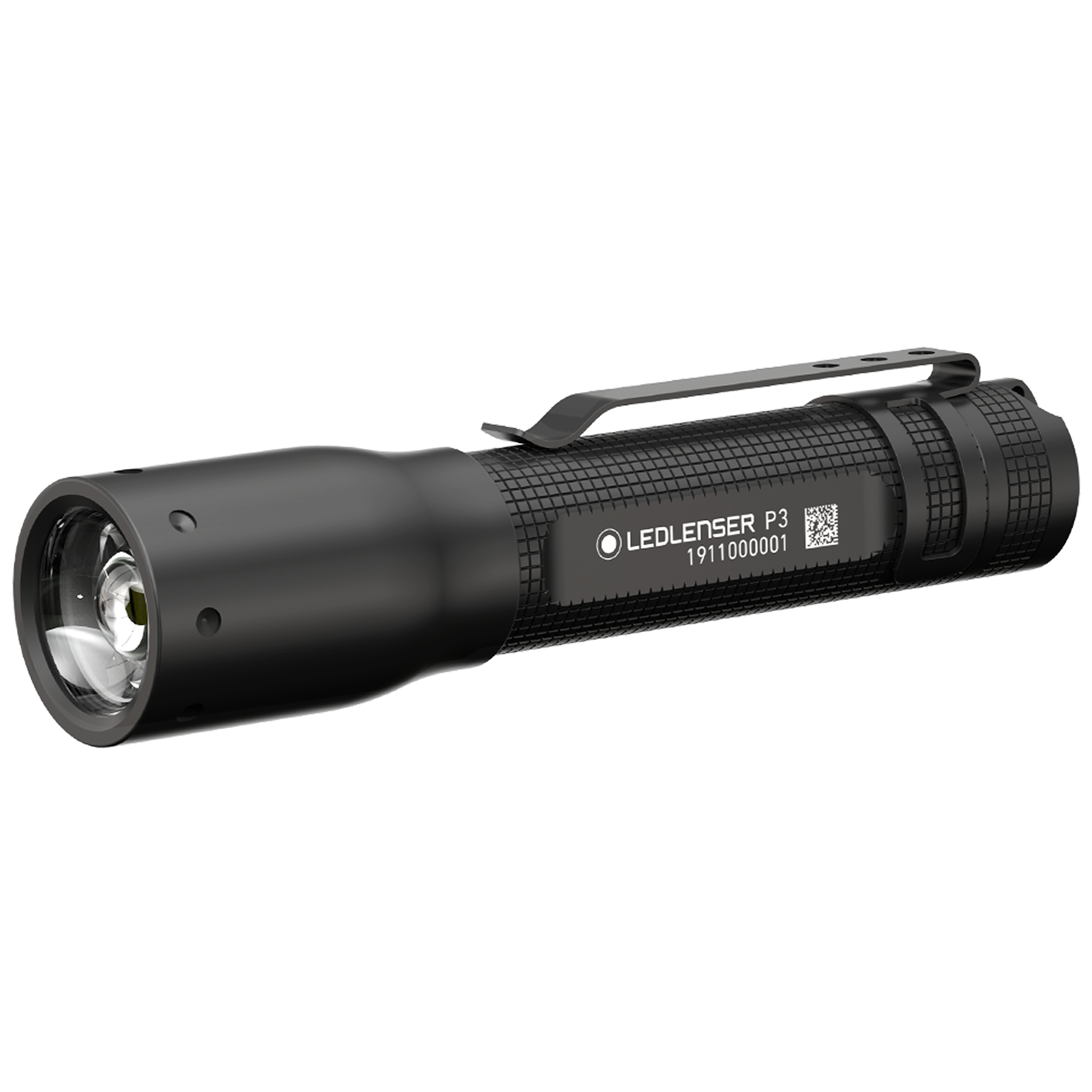 Ledlenser P3 Battery Operated Torch compact black pocket flashlight with integrated clip and front facing lens