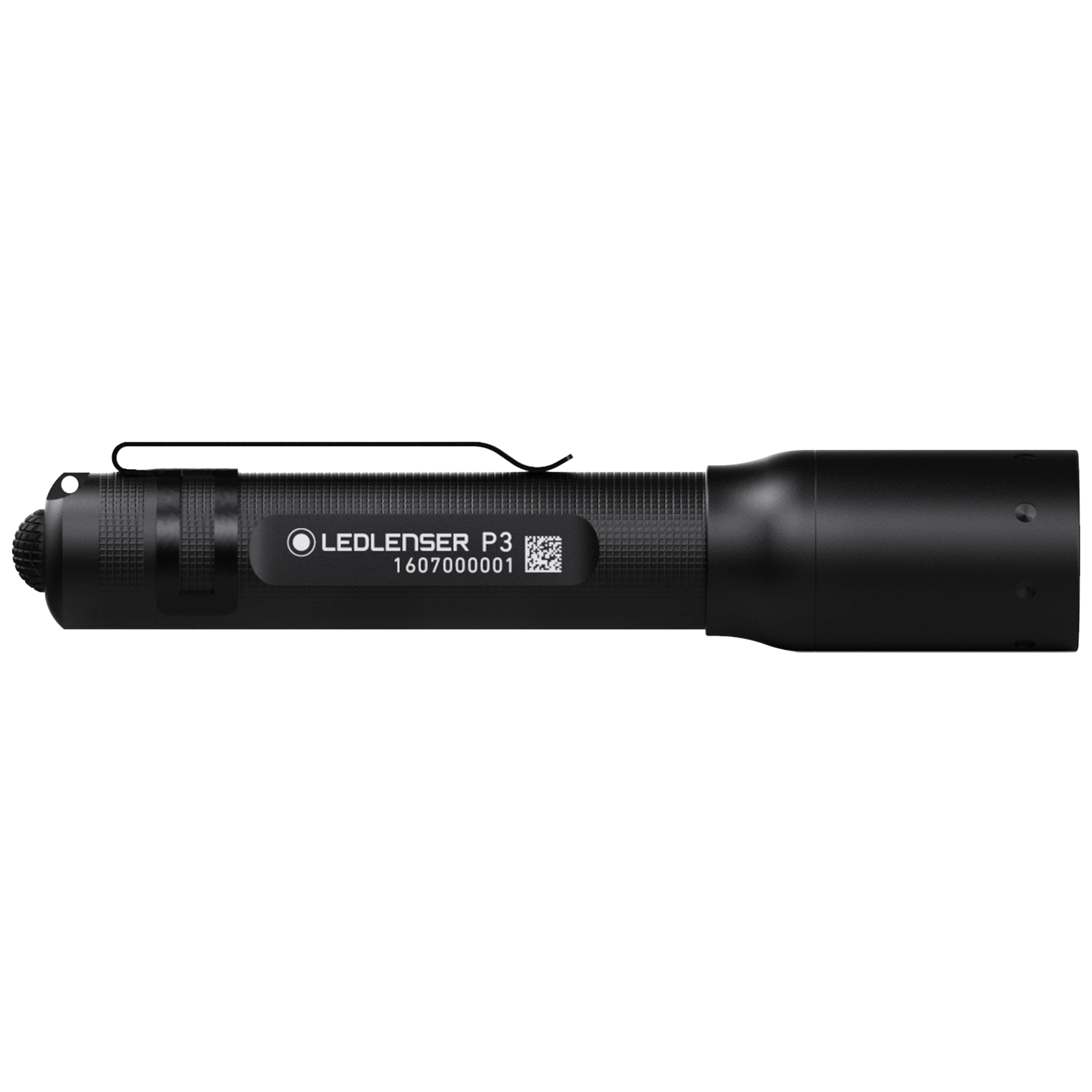 Ledlenser P3 Battery Operated Torch compact black handheld torch with pocket clip shown in side profile