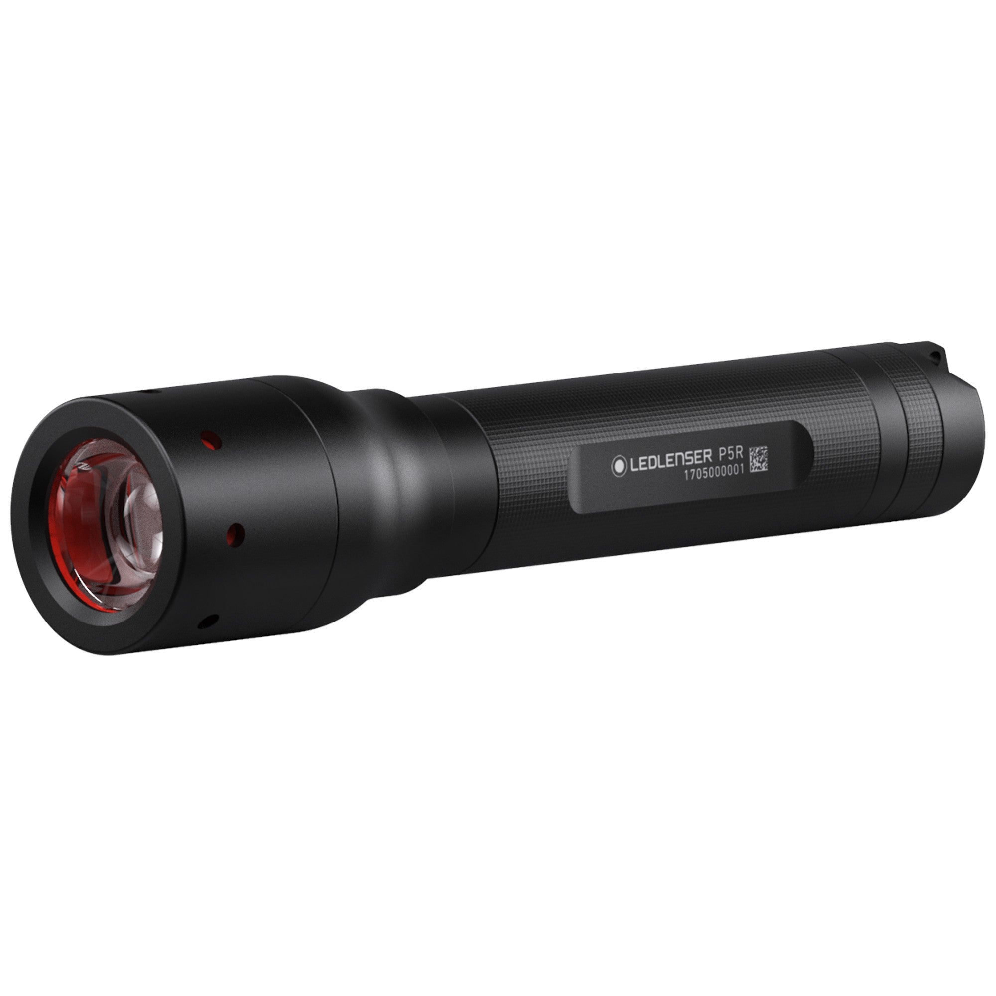 Ledlenser P5R Torch black compact rechargeable flashlight with red lens shown from a side angle with visible body label