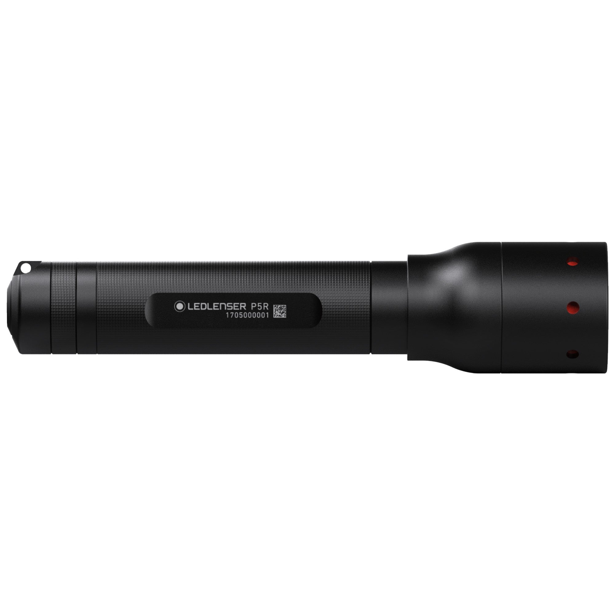 Ledlenser P5R Torch side profile black cylindrical flashlight with textured grip and red indicator holes at the tail