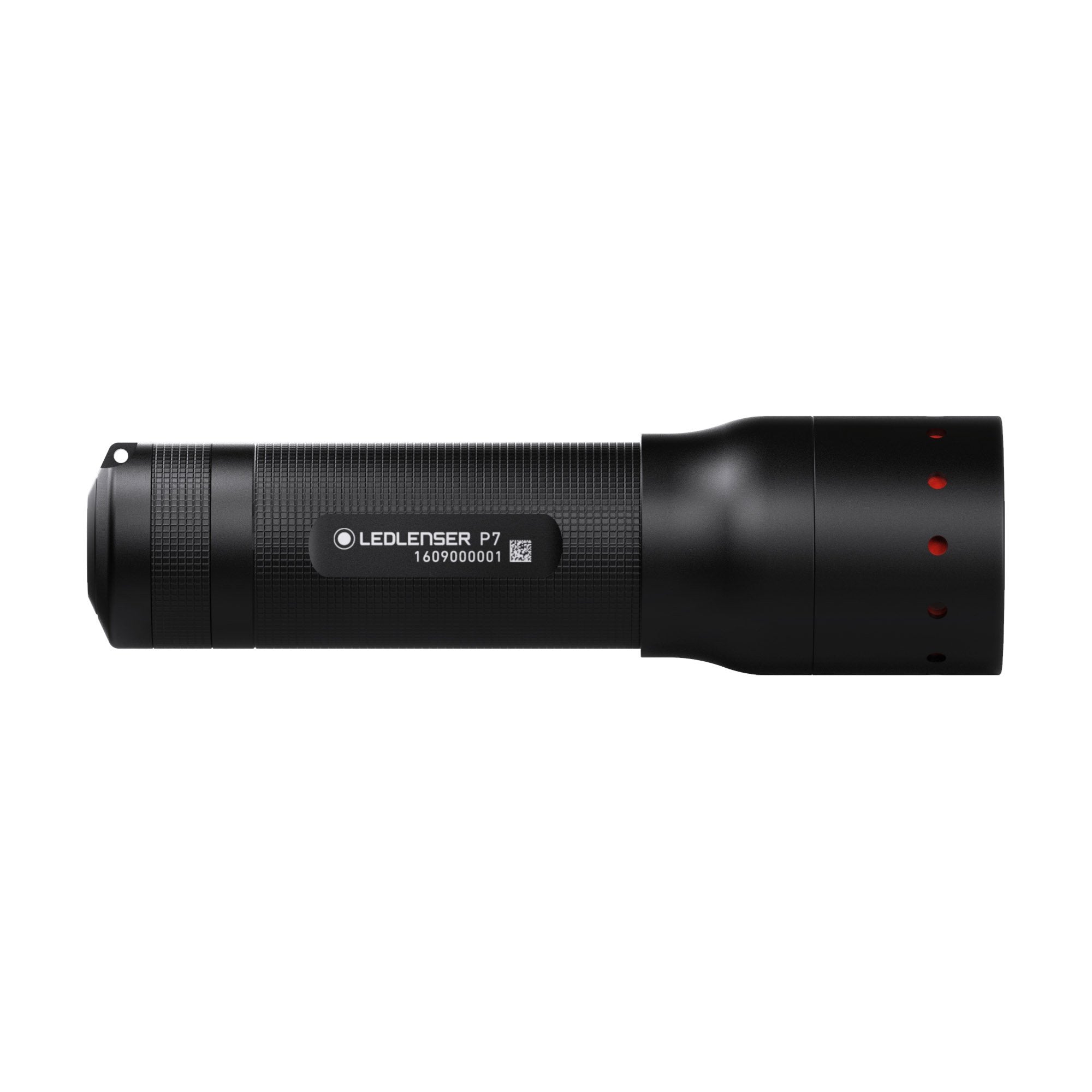 Ledlenser P7 battery operated torch shown in side profile with a textured black body and red indicator holes on the tail cap