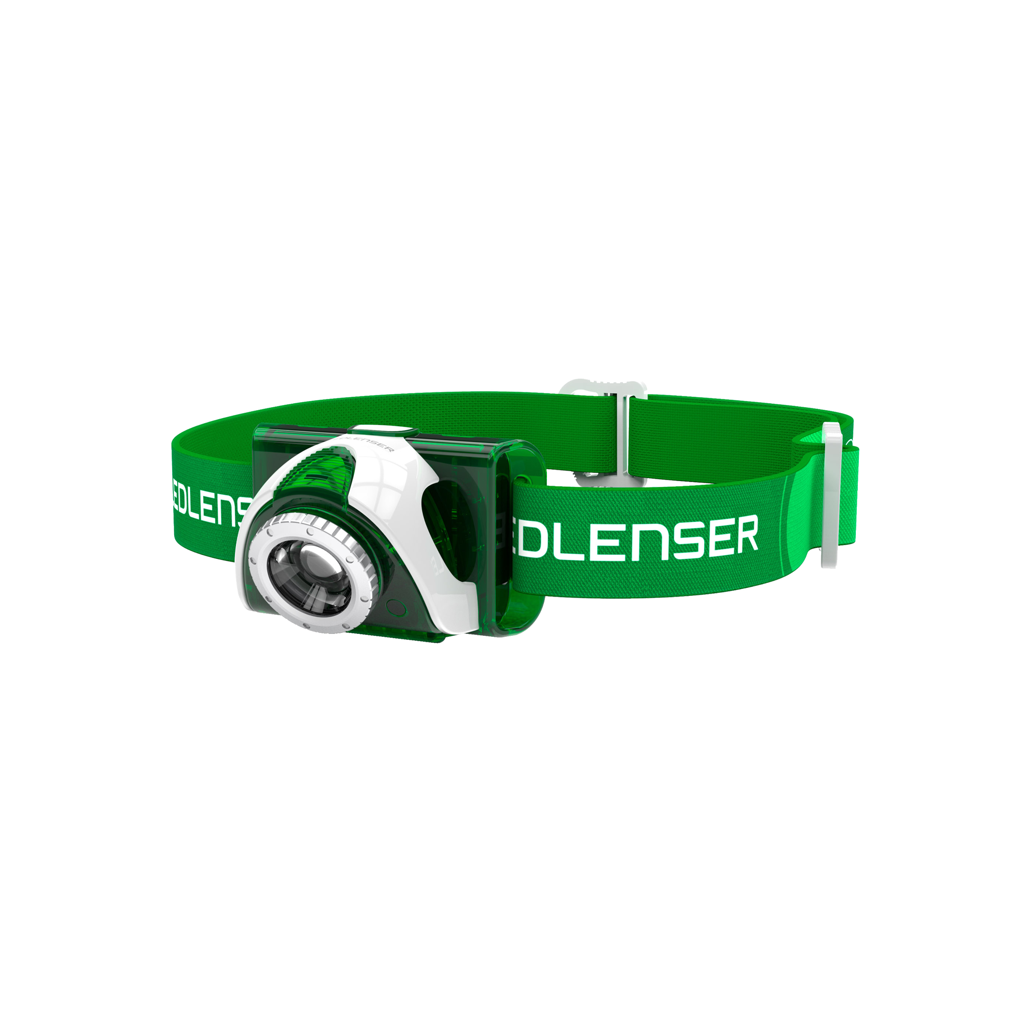 SEO3 Headlamp with green adjustable strap and white green housing shown worn on head