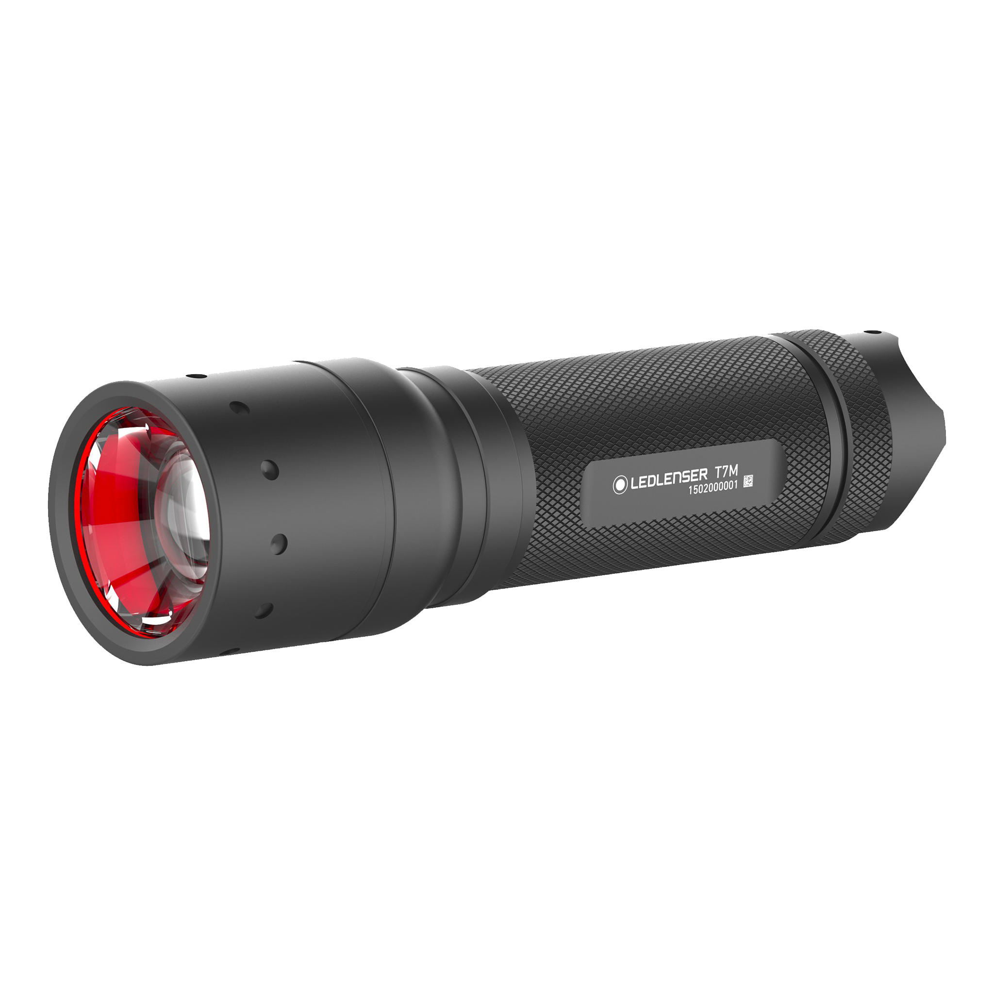 Ledlenser T7M Torch shown in side angle view with black textured body and red front bezel