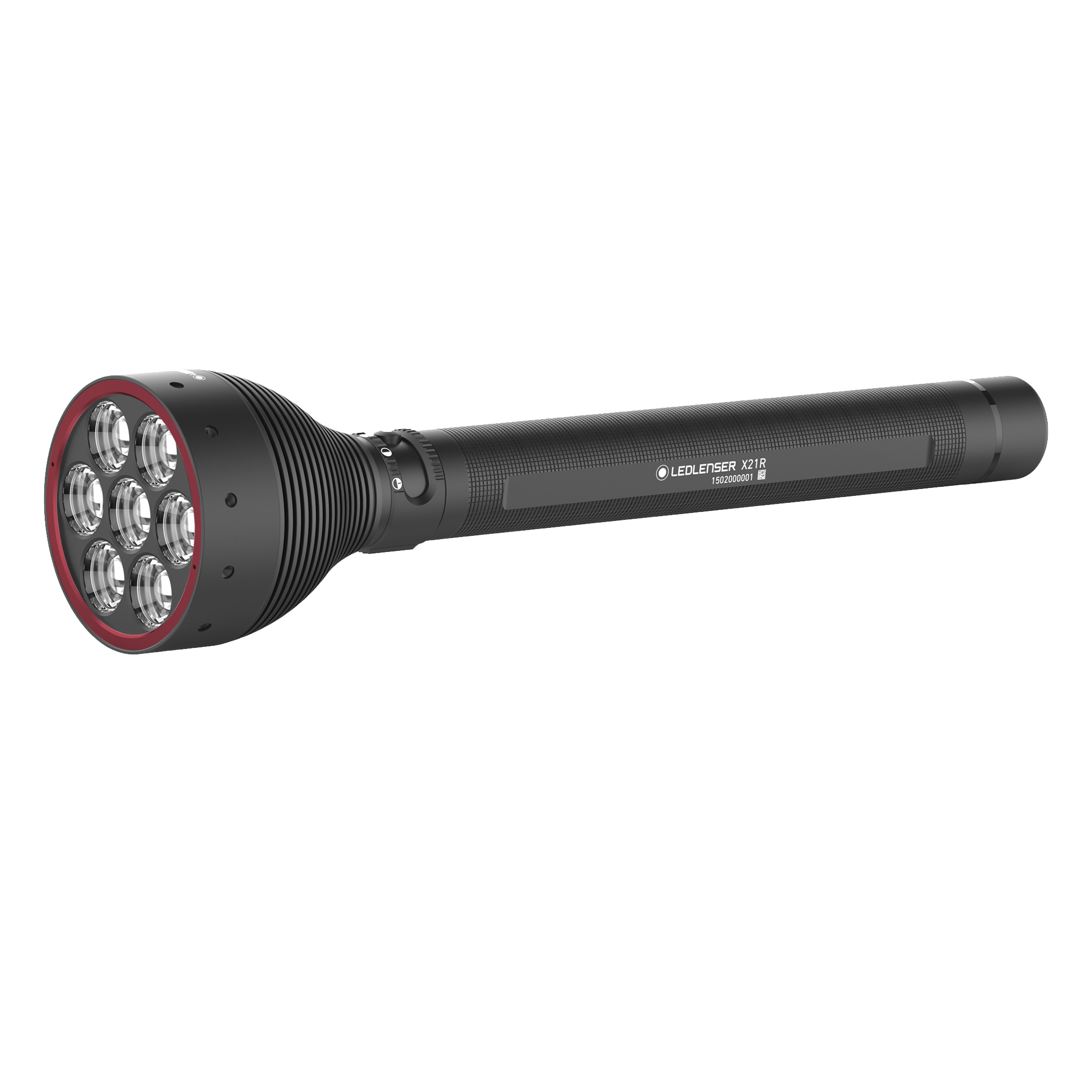Ledlenser X21R Torch with six LED head and black cylindrical body featuring a red front rim shown in side profile