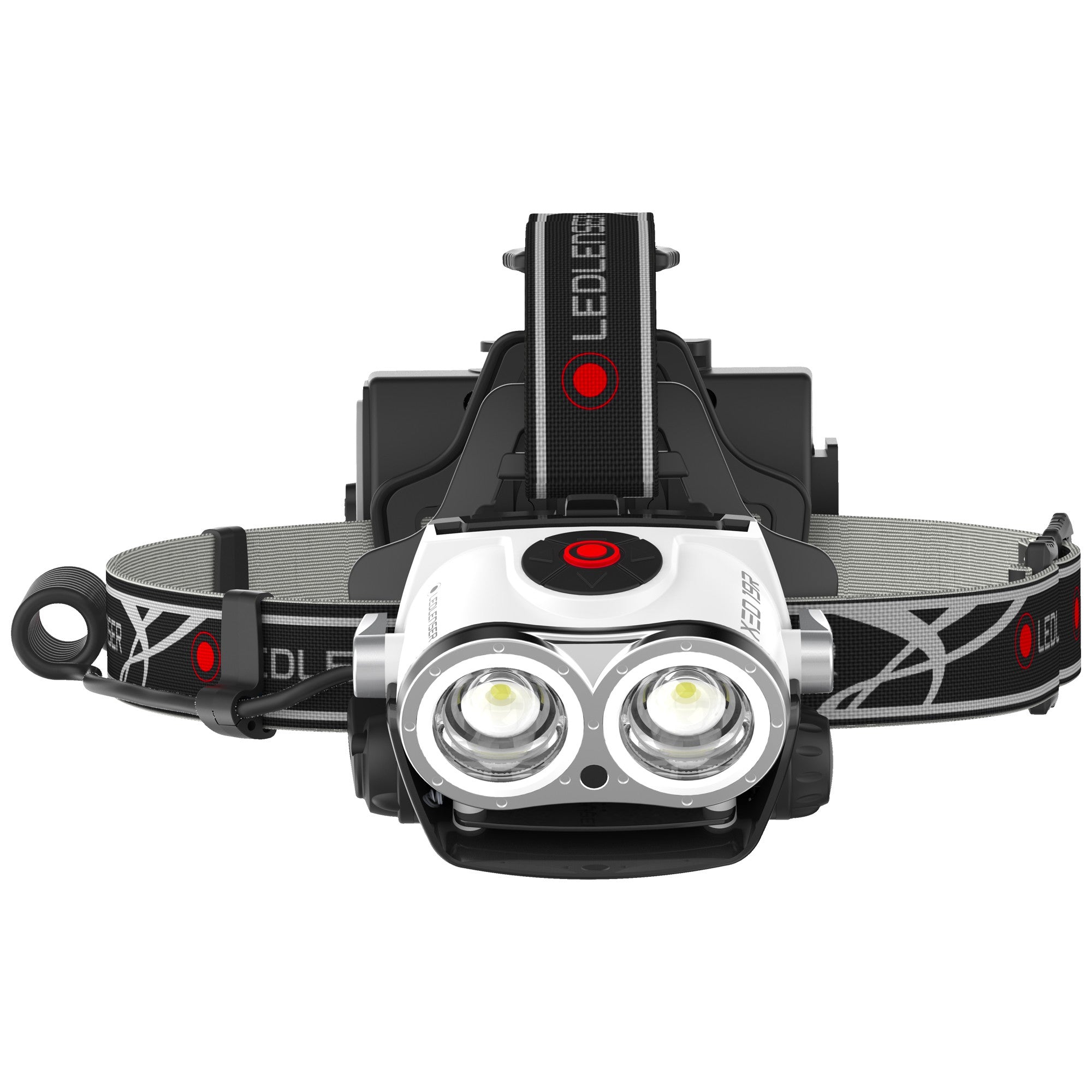 XEO19R White Rechargeable Headlamp front view with dual LED lenses adjustable head strap and rugged bezel by Ledlenser