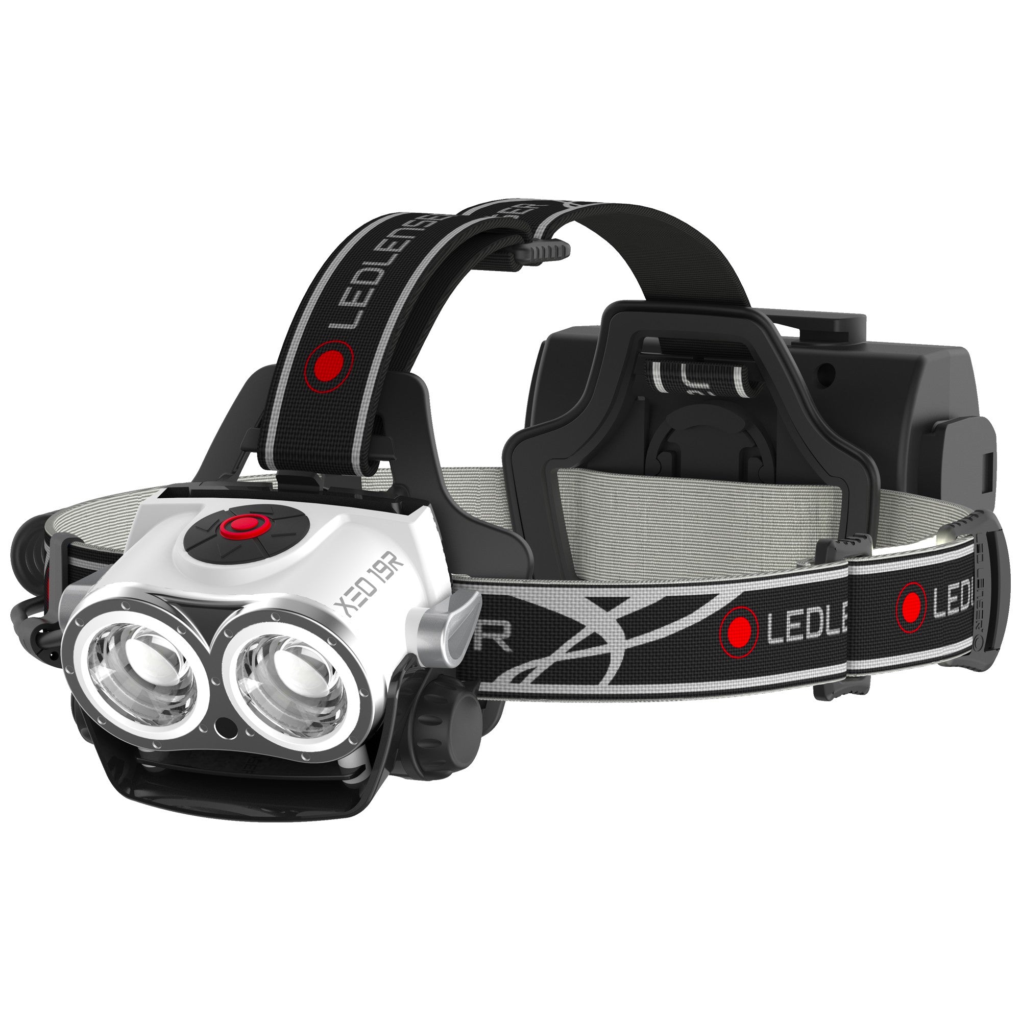 Ledlenser XEO19R Headlamp in white with dual front LEDs rechargeable design adjustable head strap and battery pack