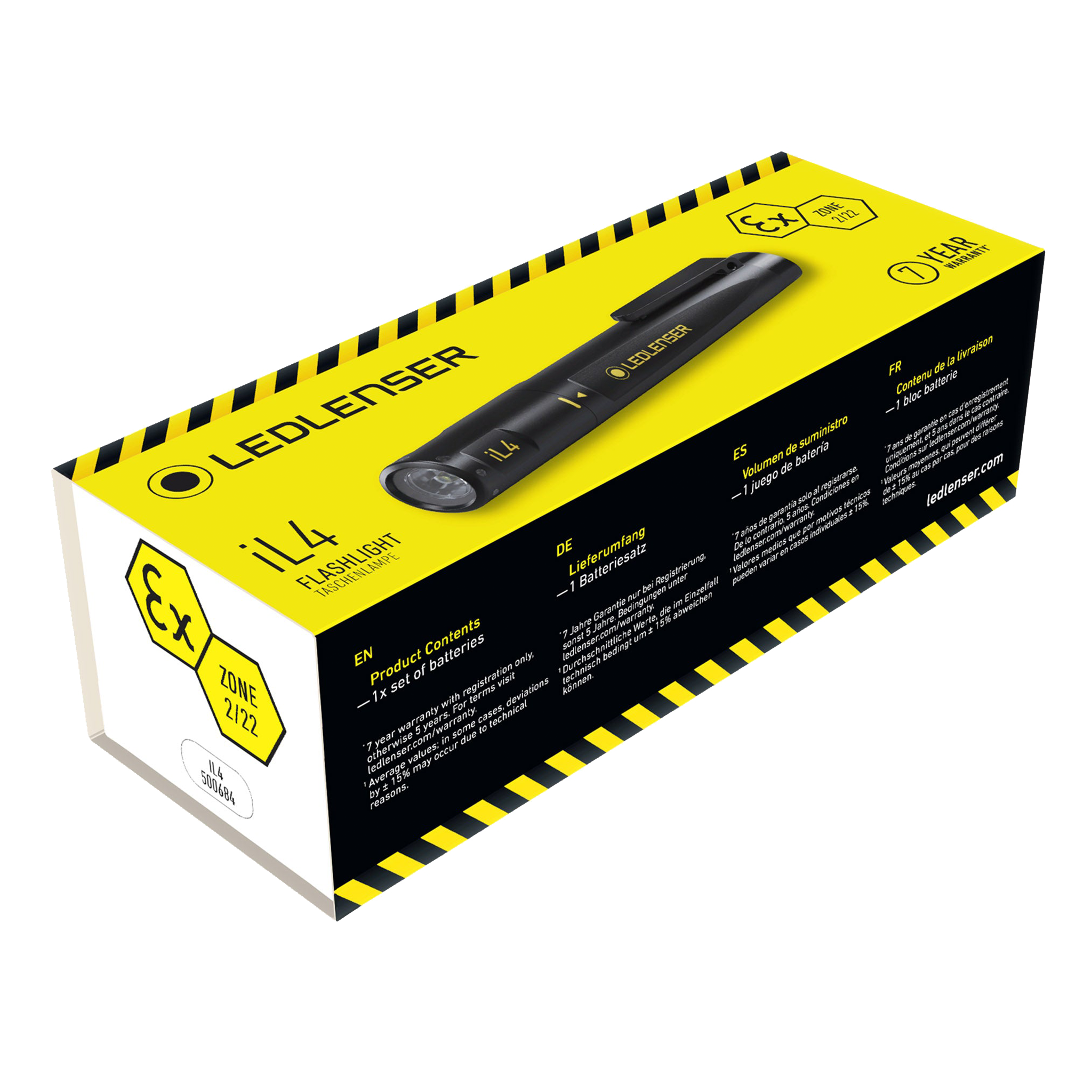 Ledlenser iL4 Torch packaging box in yellow and black displaying the handheld flashlight with clip and branding