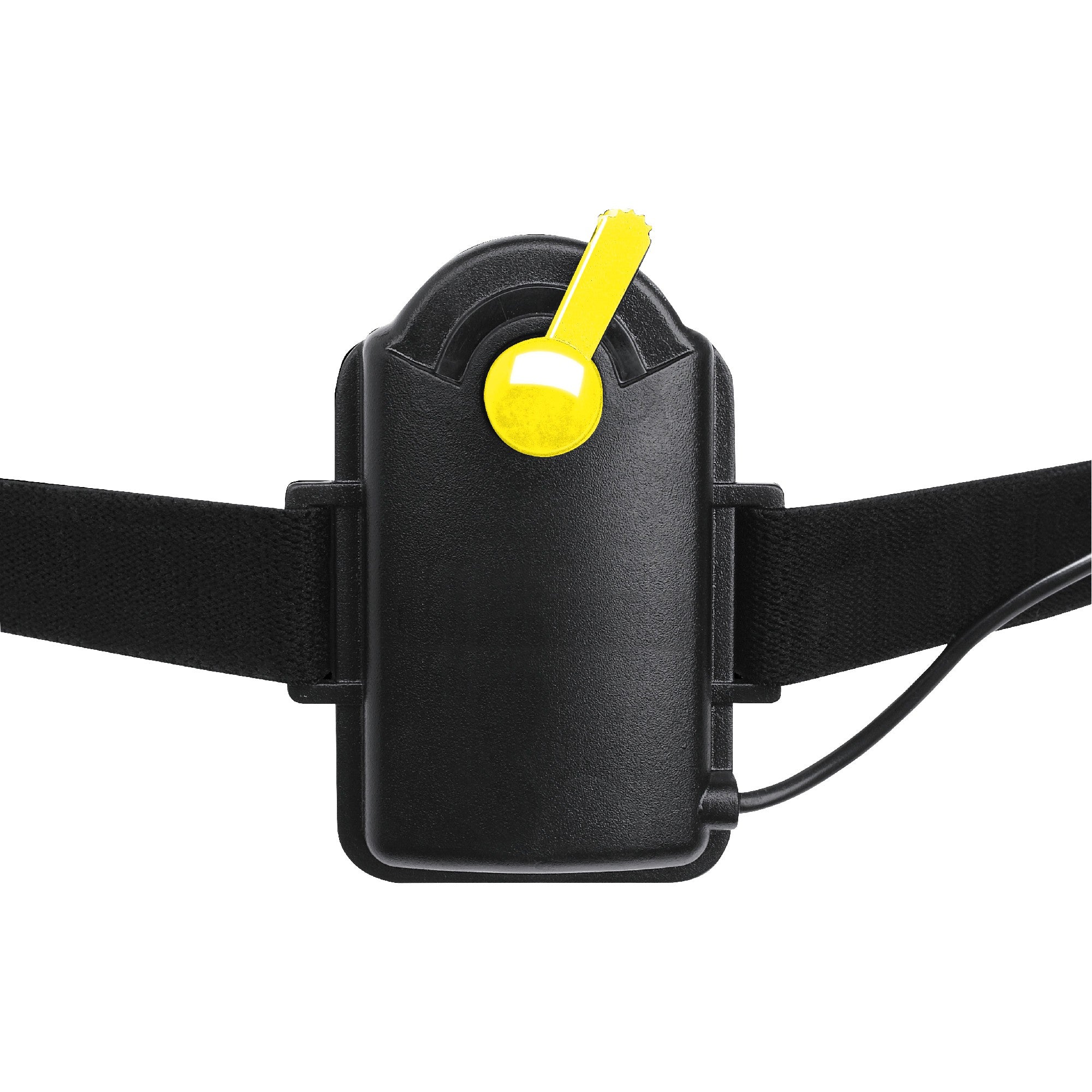 iH3 Battery Operated Headlamp showing black compact housing with a yellow on off dial and adjustable elastic head strap